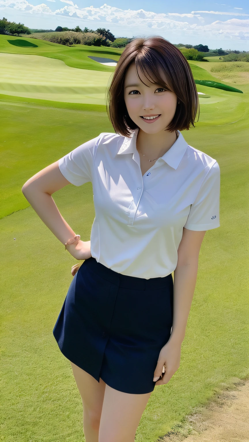 (MASTERPIECE:1.3), (8K, pfotorealistic, RAW Photography, highest quality: 1.4), Japan persons, (1女の子), Facial, (realstic face), (Dark brown hair, short haired:1.3), Beautiful Hairstyle, realistic eye, beautiful detail eyes, (realistic skin), Beautiful skin, irresistible, Ultra high Resolution, an ultra realistic, High Detail, the golden ratio, (Detal Face:1.2), watch the beholder,smileing,Open white shirt,midchest,Standing on a sunny golf course,hands On Hips