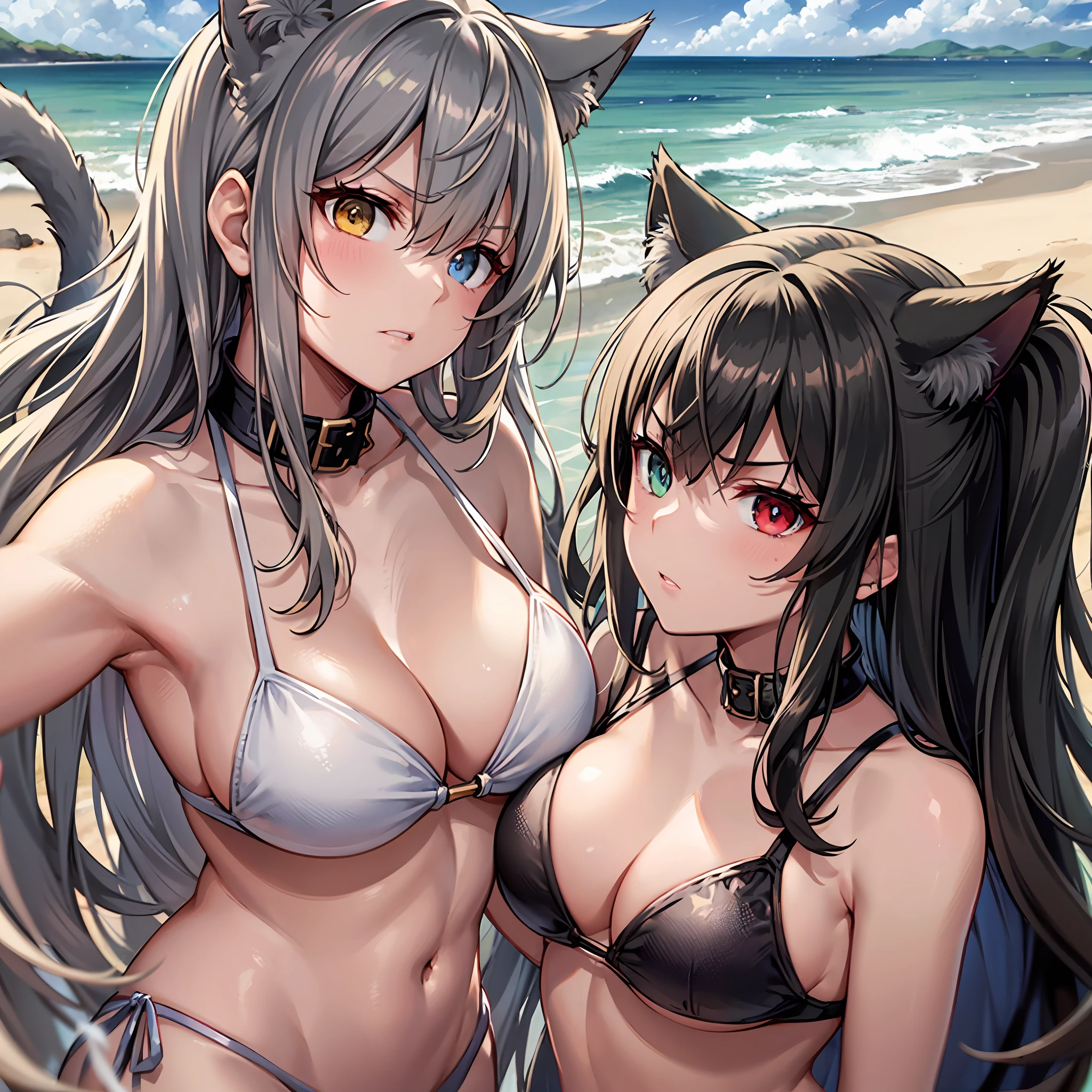 ((two Girl)),All have cat ears,All have cat tails,The girl on the left has white hair and red eyes,Right girl with black hair and heterochromic pupils,Left girl with sun-colored complexion,Right girl with white skin,random hairstyles,Random bikini,Left girl with large breasts,Right girl with medium breasts,(facing each other:1.5),Angry expressions,A look of disdain,Extreme Details,4K,sandy beach,2/3身,Gentle breeze,brilhante e ensolarado