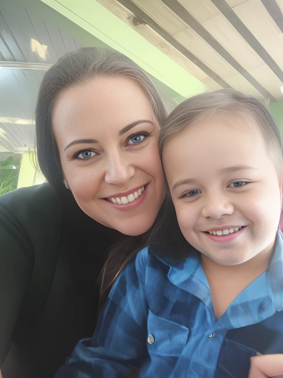 there is a woman and a child that are smiling for the camera, Lorena Avarez, imagem de perfil, with a kid, Alanis Guillen, 3 5 year brazilian mother, Marischa Becker, mateus 9 5, Postagem no Reddit, facebook post, coluna, fotografia, imagem de qualidade muito baixa, both smiling for the camera