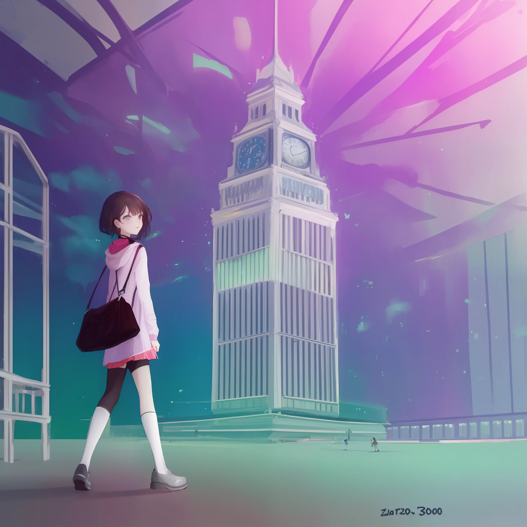 Big clock、pastel color illustration, 1girl, The girls、Slide、Highly detailed background depiction、Highly detailed depictions of people, matte painting trending on artstation HQ,detailed 8k and perfectly symmetrical faces, The background is strong rim light, intense shadow, artgem, by Canon EOS, SIGMA Art Lens 35mm F1.4, ISO 200 shutter speed 2000