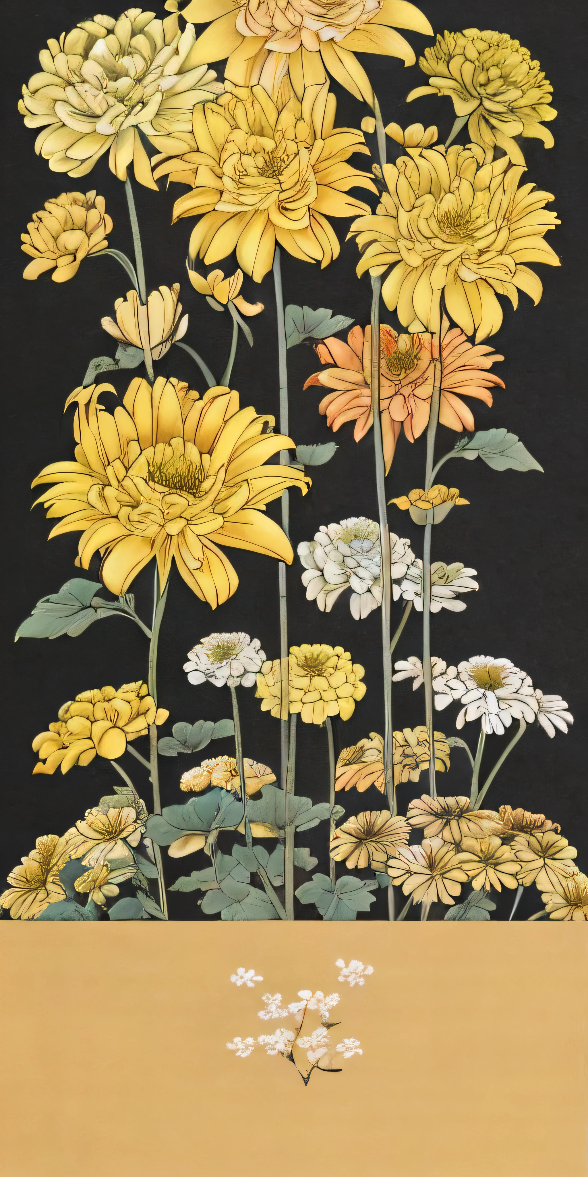 there are many yellow flowers in a vase on a black background, chrysanthemums, Author:Central Plains South Tianfang, Author:Ikuo Hirayama, chrysanthemum and tulips, chrysanthemums,, Author:Hanboku Yoshida, Author:Higashi Yoshida, golden flowers, paper chrysanthemums