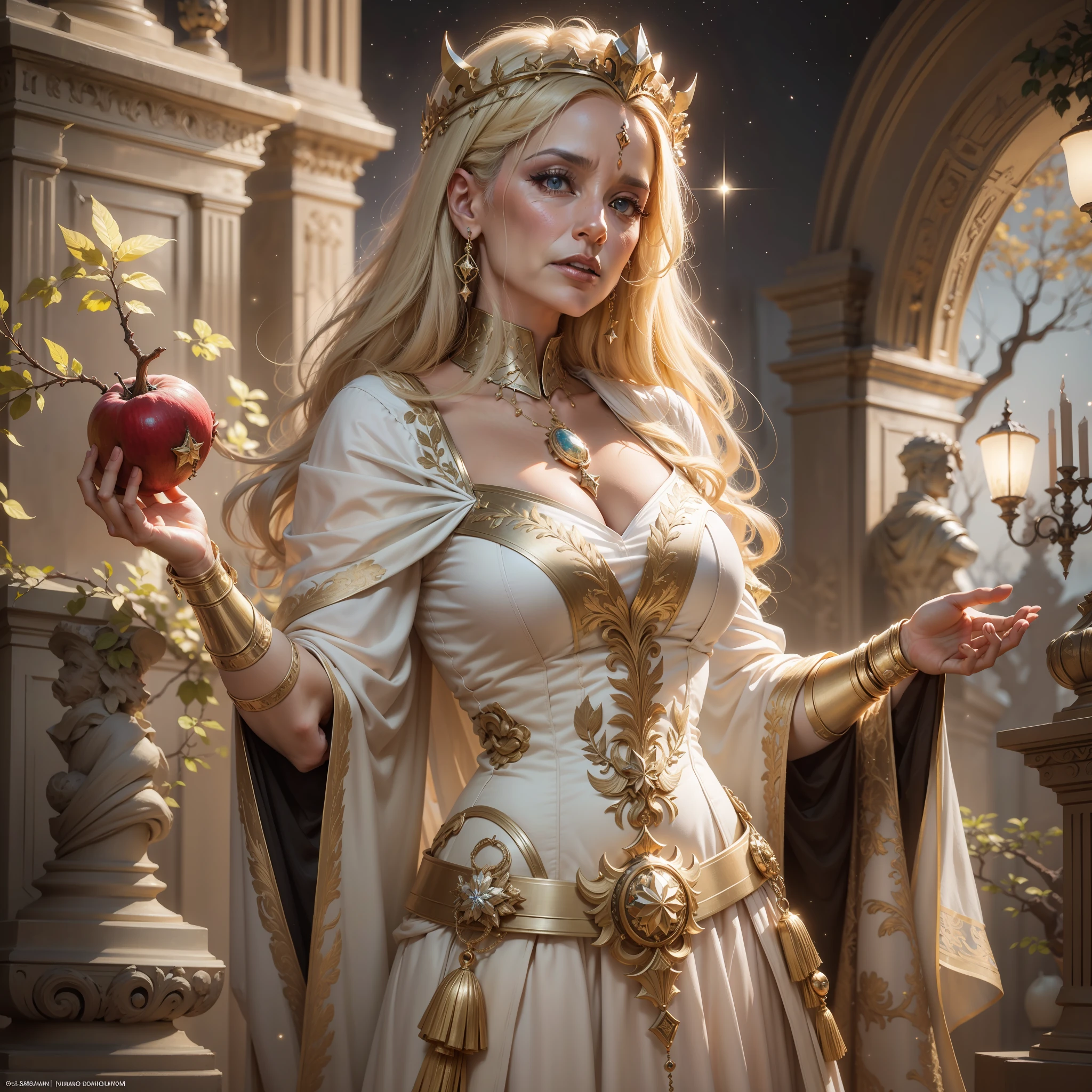 Deusa Hera, cabelo branco, idade 65 anos, sardas, cabelo liso, detalhado, roupa branca, roupa chiton, vestes longas, large cylindrical crown, detalhes em dourado, Pomegranate fruit, Poses gloriosas, noite, lua, estrelas, fundo olimpo, ultra-realista