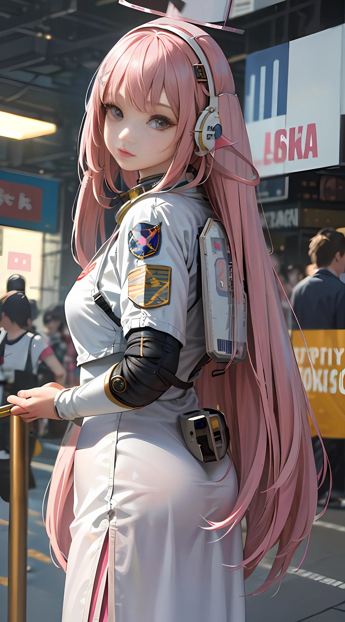 (Masterpiece),(High detail and plenty of realism),(Long pink hair),(Old NASA spacesuit decorated in Harajuku style),(Idol),(Perfect proportions),(Delicate face and eye details stand out)