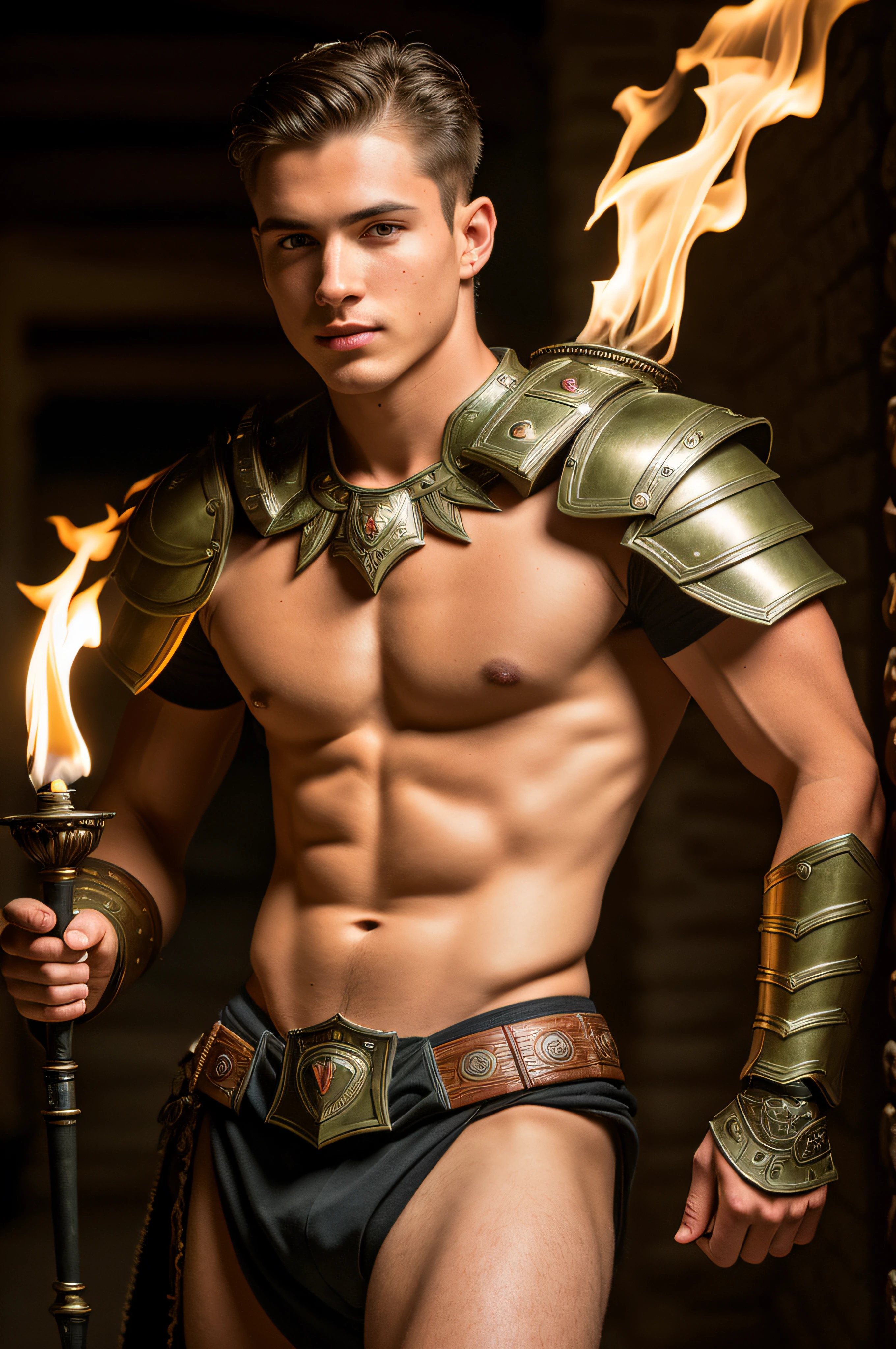 Masterpiece, an insanely handsome young slovak spartan warrior, standing in a stone corridor with flaming torches, night, masculine, well endowed, (high detail:1 1), rough face, natural skin, high quality, beautiful eyes, (detailed face and eyes), (face: 1 2), noise, extra, real photo, PSD, lamp film photography, sharp focus, contrast lighting, detailed skin, high resolution 8k, crazy detail, realistic, professional photography, 8k UHD, SLR camera, soft lighting, high quality, film grain, Fujifilm XT3