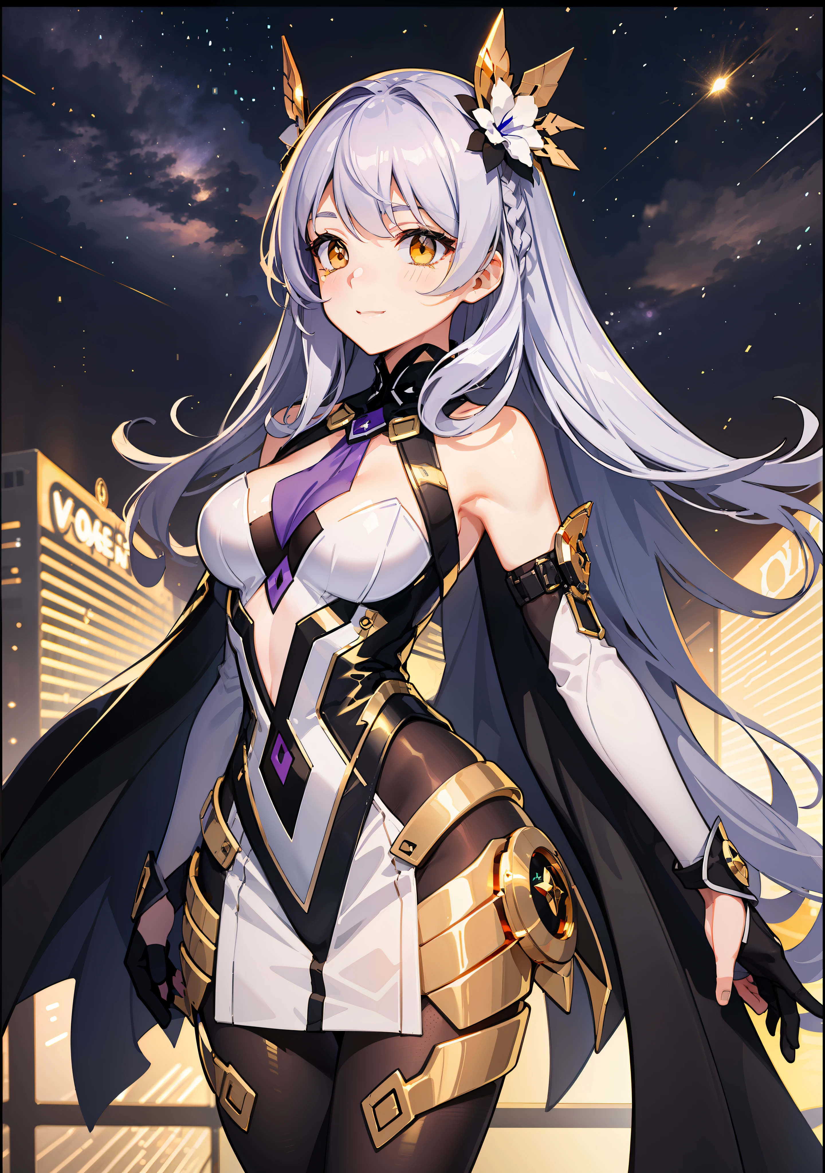 complex anime 3d render ultra detailed, (((masterpiece))), (((best quality))), ((ultra-detailed)),(3D Cartoon rendering),(from side),cinematic light,((single mechanical girl)),({best quality}),(Ultra Fine),(full detail),delicate youthful face,well_developed curves,hourglass_figure,perspective,beautiful_face,high_quality_outfits,futuristic_outfits,silght_blush,full_body,full detail face,protective outfits,Honkai_Impact,sexy,anatomical,elegant,Light Trace

(Violet hair:1.5),indigo hair tips,waist-length loose wavy hair,two strands of violet hair framing face,two horizonal strands of hair beside forehead,work card hung on neck,one fin-shaped dark violet headdress;(golden_ eyes:2.00),golden goggle glasses on eyes,violet frame,golden lens;

Futuristic attire,elegant  attire,loose outfits,white tanktop,white shirts,white vest,black sleek left sleeve with violet liningsalong arms,violet segmented cape with golden star gadget at end,black gloves,violet arm bracers;violet dress with white swallowtail,violet to black skirts with knee-length hemline,soild hems,black to violet boots,black pantyhoses,violet leg circle on left leg

Clear background,night sky background,starry sky visble through silver-framed square window,standing in white scifi spaceship cabin,vigilant gaze,arms relaxed,standing,plain smile,looking forwards

mechanic room with toolsand spaceship windowin a white SPACESHIP), (night:1.2),dreamy, [[delicate fingers and hands:0.55]::0.85],(detail fingers),