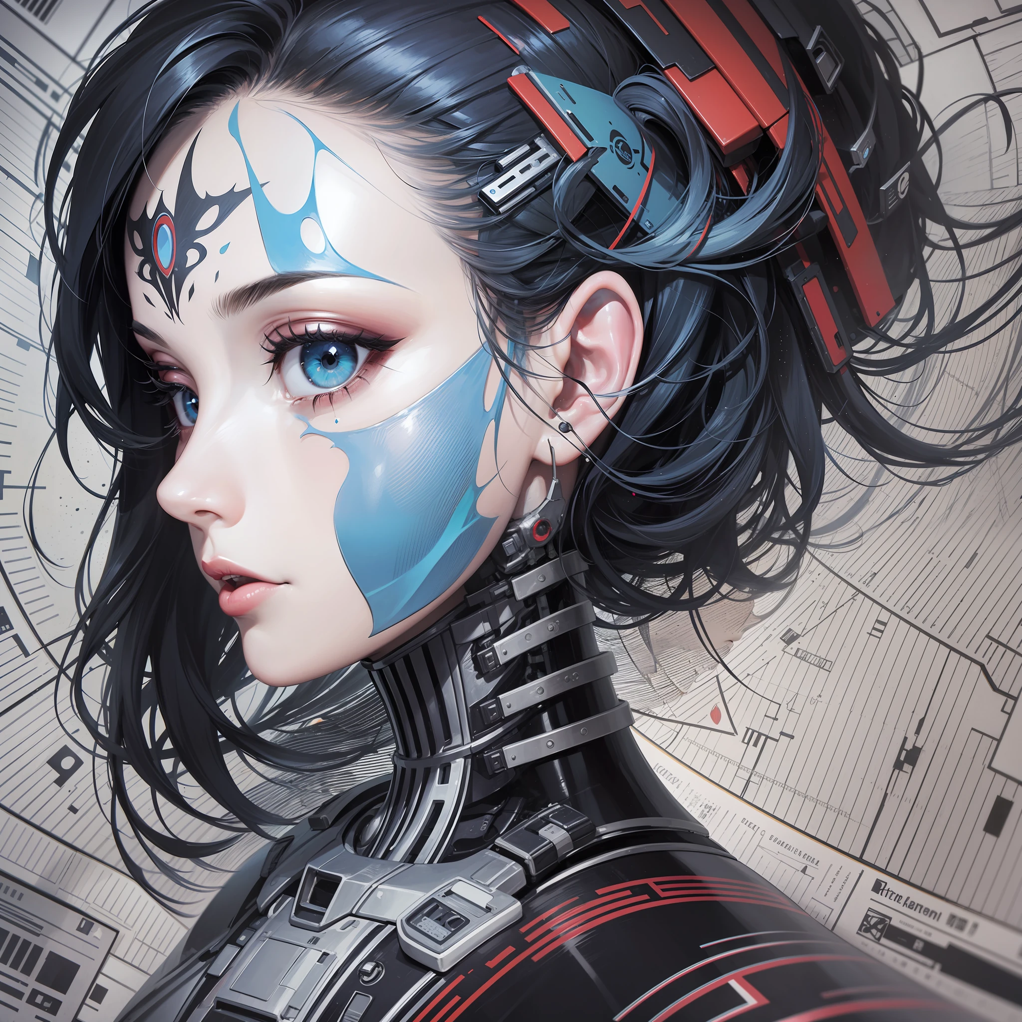 Facial mapping, lines, intricate diagram, textbook illustration, paper texture, Front view, head shot, screen print, beautiful biomech female, fashion photography, robotic motifs, goth makeup, elegant realism, romanticized figures, caffenol developing, Stars and Stripes, red, white, blue, melting, psychedelic