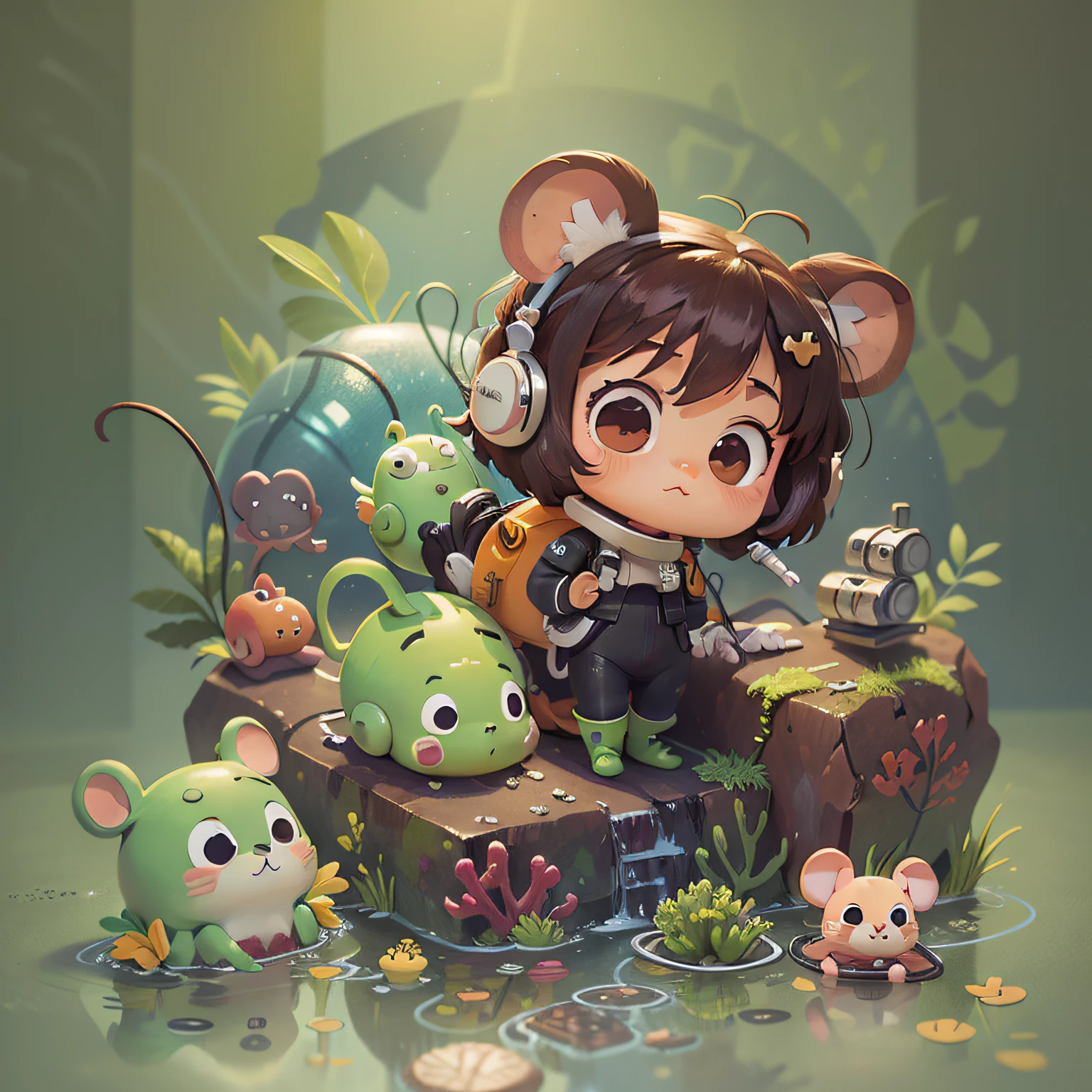 chibi, mouse, cute, scuba diver, hazel, bigbadejo, full body, masterpiece, 3D Rendering, Best Quality, Lots of Detail, (plain background), vinyl toy figurine