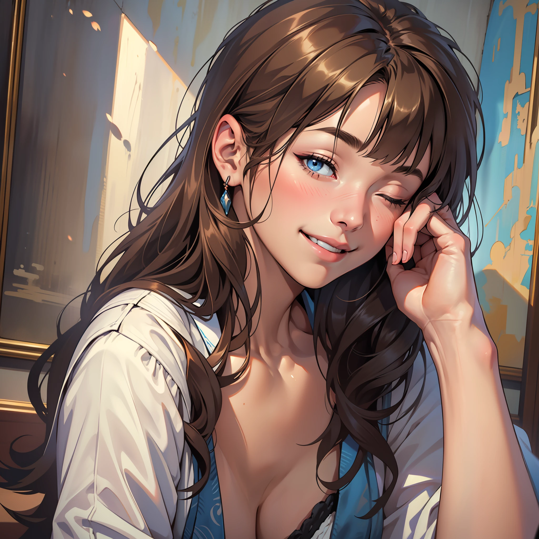 ((realistic: 1.5)),((best quality)), ((masterpiece)),((detailed)), girl, young, brown-haired, fringed, blue eyes, flushed, sweet smile, eyes closed, hand on head