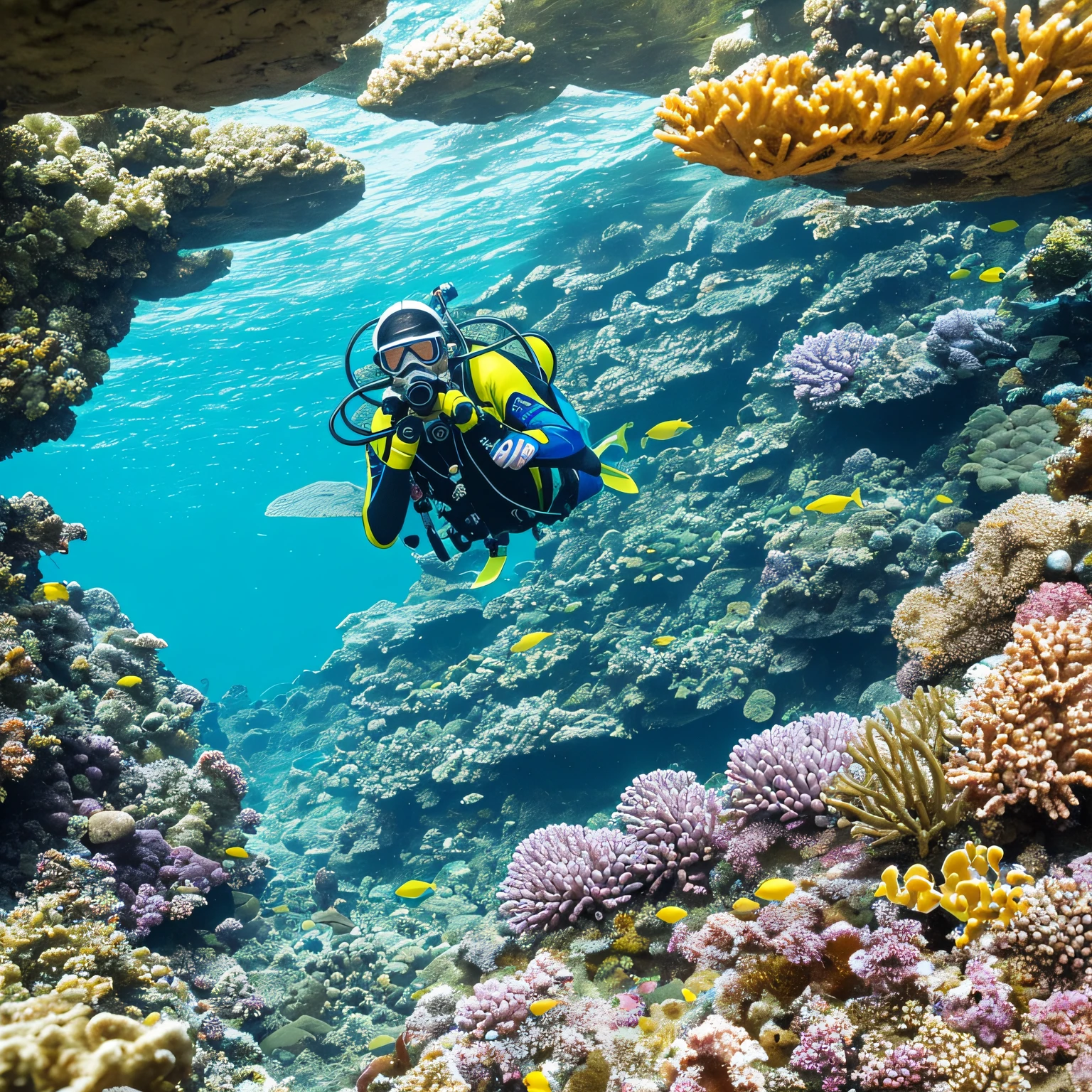 Capture a mesmerizing masterpiece of a professional diver exploring the depths of the ocean. This hyper-realistic, raw image should be in stunning high definition (HD) with an 8K resolution, allowing every intricate detail to come to life. Utilize advanced techniques to emphasize the diver's expertise and the vastness of the underwater world. Pay special attention to lighting, showcasing the interplay of natural rays filtering through the water. Let the viewer feel the intensity and awe-inspiring beauty of the deep sea through this extraordinary photograph. Camera Setup: Full-frame DSLR with a wide-angle lens, waterproof housing, and underwater strobes for optimal clarity and color accuracy. --auto