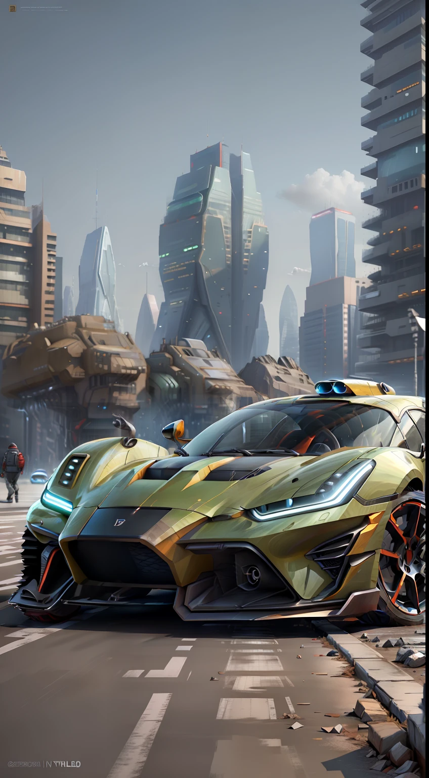 (High Definition, 9k) A futuristic sport car on the street of a futuristic cityscape with skyscrapers with glass