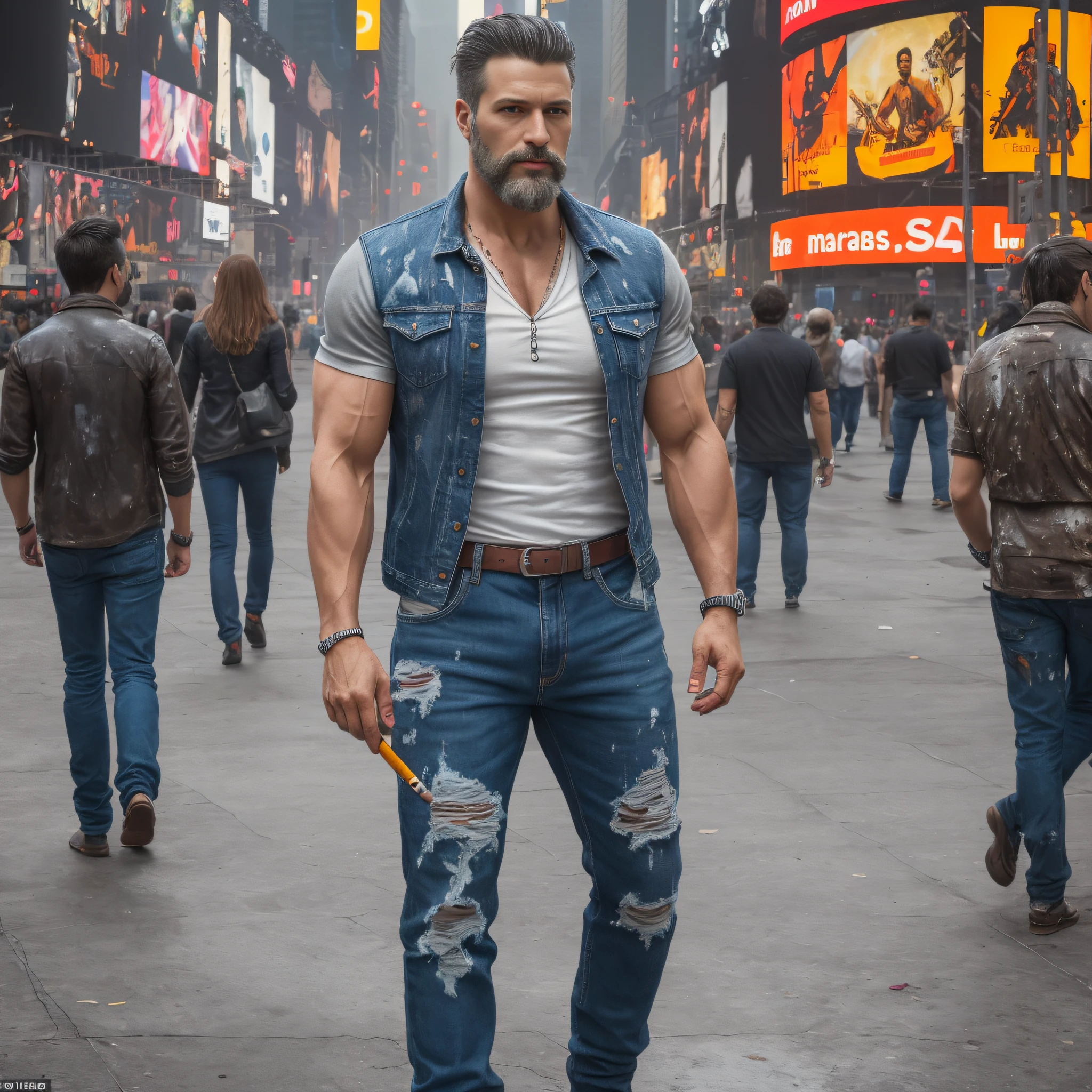 (Highest quality, amazing details: 1.4), masterpiece, original characters, natural volumetric lighting and better shadows, deep depth of field, sharp focus, portrait of the man 45 years incredibly beautiful muscles, full body, beautiful face manly, beard, attractive with clear eyes, seductive smile, shaggy short gray hair, leather shirt, jeans, (messy painted body: 1.05), (on time square: 1.15), time square night, (standing smoking cigarette: 1.2), picturesque, overexposure, photorealism, photorealistic, nsfw, sexy,, sharp, focused, centered, sensual, HD, 8k, DSLR, RAW --auto --s2