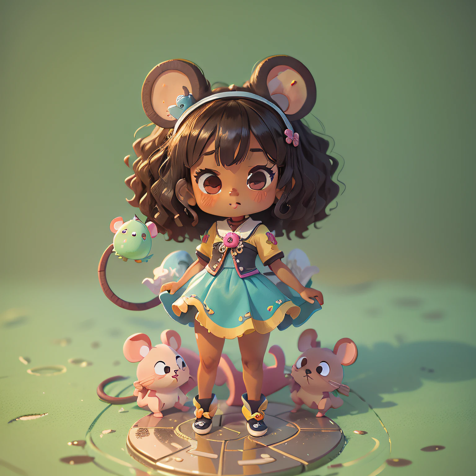 chibi, mouse, cute, ocean princess, ebony skin, curly hair, bigbadejo, full body, masterpiece, 3D Rendering, Best Quality, Lots of Detail, (plain background), vinyl toy figurine