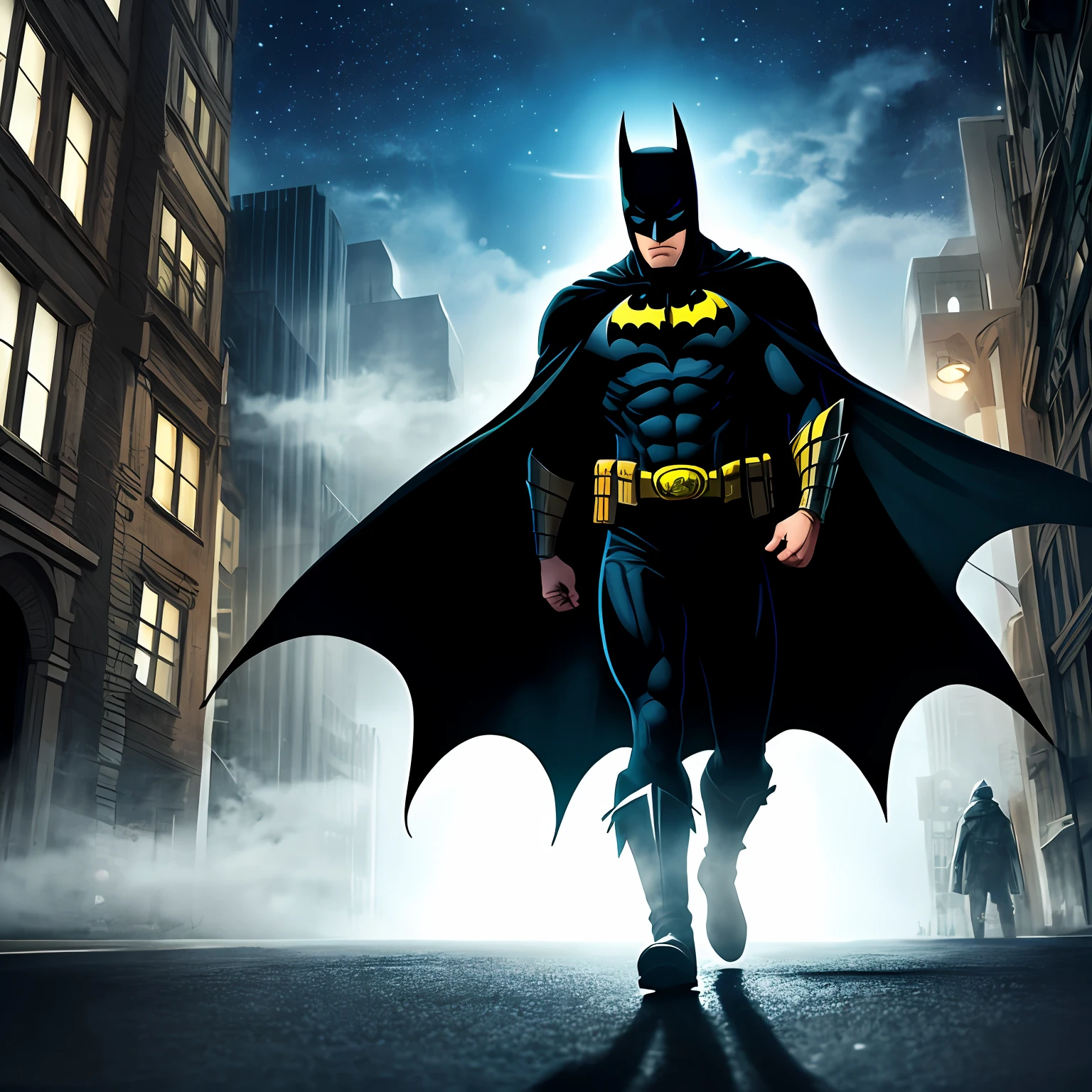 Desenhe uma imagem retrô do Batman em estilo art déco dos anos 1940, com o Cavaleiro das Trevas em destaque na parte central da imagem. He's standing in a dark alley, olhando por cima do ombro enquanto a Bat-Signal illuminates the night sky. Gotham City, representada com arranha-stylized skies in the background, it is steeped in shadows and fog, transmitindo um clima misterioso e sombrio. Batman wears his classic costume, with a wide cape and a serious expression on his face. The predominant colors are black, o cinza e o amarelo, typical of retro aesthetics. The illustration style should refer to the comics of the time, with strong strokes and defined contours. This image is ideal for those looking for a nostalgic touch and a tribute to the Dark Knight's past. --auto