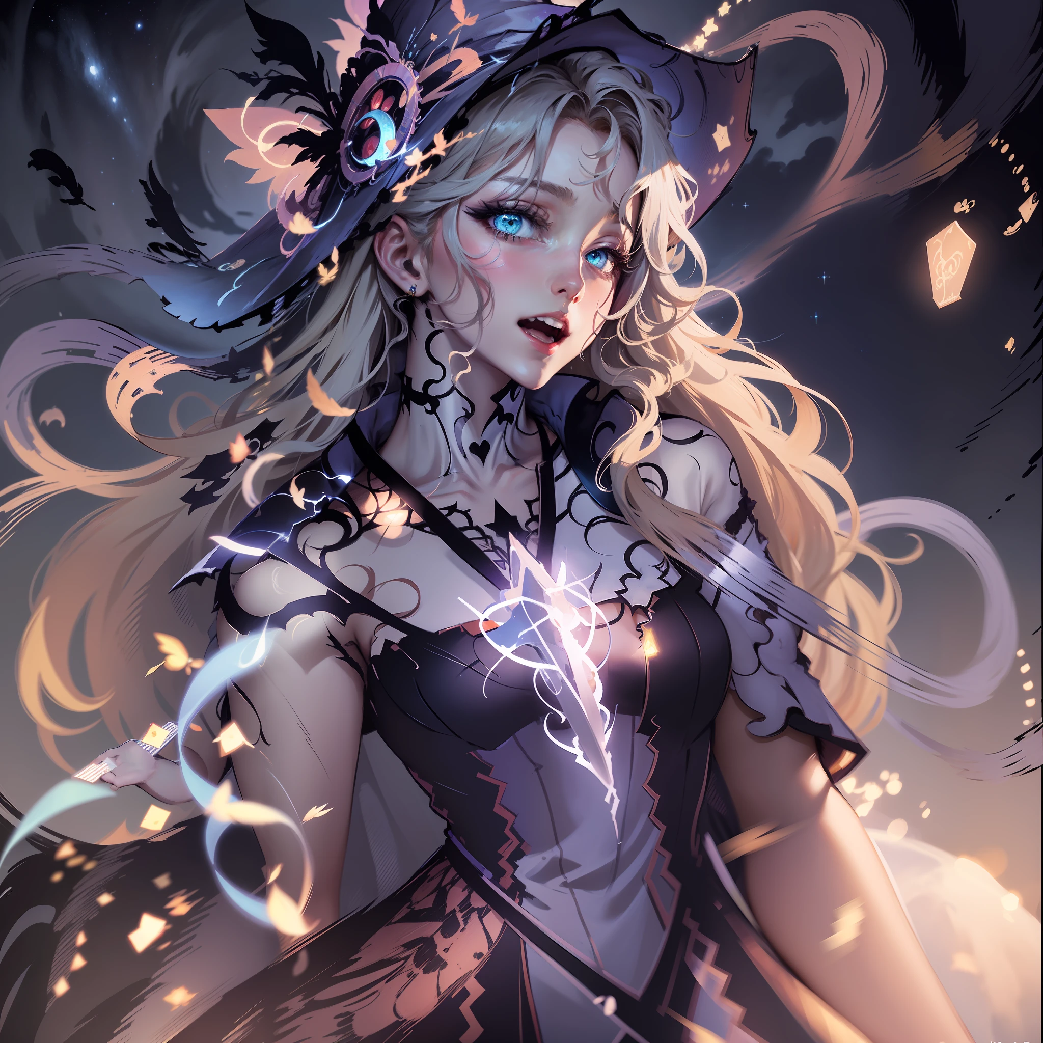 ((masterpiece:1.2, best quality)), 1girl, solo, (witch hat), blonde hair, long hair, dress, aurora, night, star (sky), gloves, sky, white dress, night sky, open mouth, starry sky, blue eyes, ribbon, very long hair, red dress, smile, hair ribbon, cape, blue hair, (bird), magic, casting spell, dark clouds, night, (impressionism:1.4), (tarot:1.3), alphonse mucha,