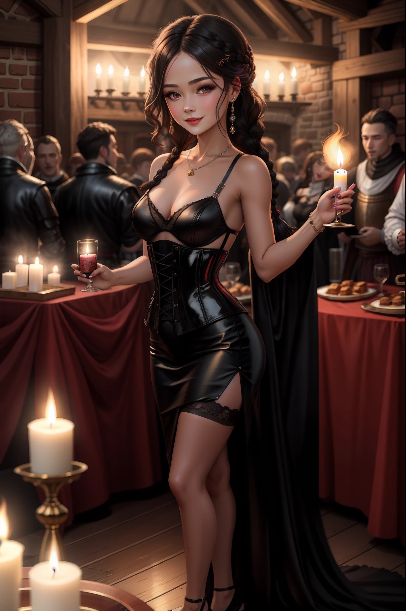 RAW, analog, Nikon Z 85mm, award winning glamour photograph, masterpiece, ultrarealistic, younger,
16th century young beautiful girl, wearing and tight corset with a leather black skirt with a garter belt, dragon tattoo on one arm, working as a singer in a busy and crowded medieval tavern, candle lit , petite, small body , small breasts, black braided hair, innocent red eyes, parted lips smiling , short height, sexy, full body
((high detailed skin, skin details)), sharp focus, 8k uhd, dslr, high quality, film grain, russian face