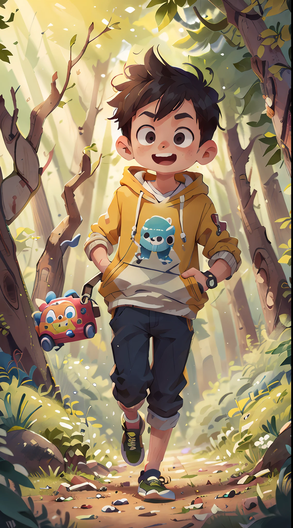 (nsfw),A running boy,Solid green hoodie,Black trousers,spring outing,joyful,The kind of car toy in hand,The background is the forest,Perfect quality,Crisp focus,very colourful,perfect face,Complicated Detail,ultra-low viewing angle,wide lens