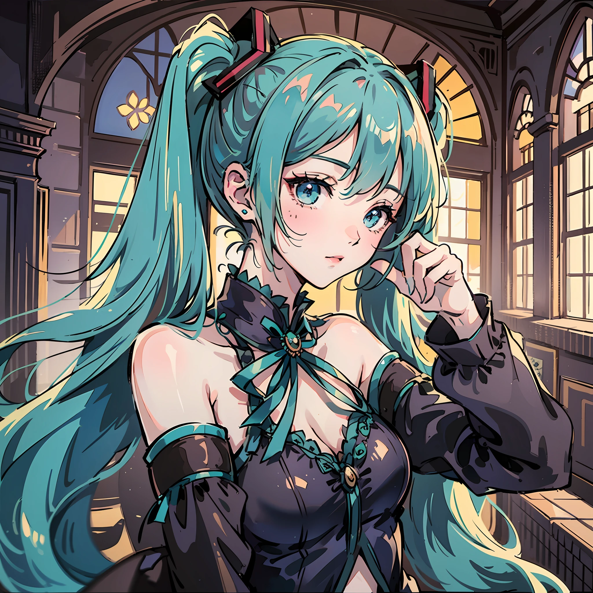 Hatsune Miku com um casaco azul marinho, blusa branca, cabelo curto, espada nas costas, flor vermelha no peito, alta qualidade, dark, castelo dark, steel sword