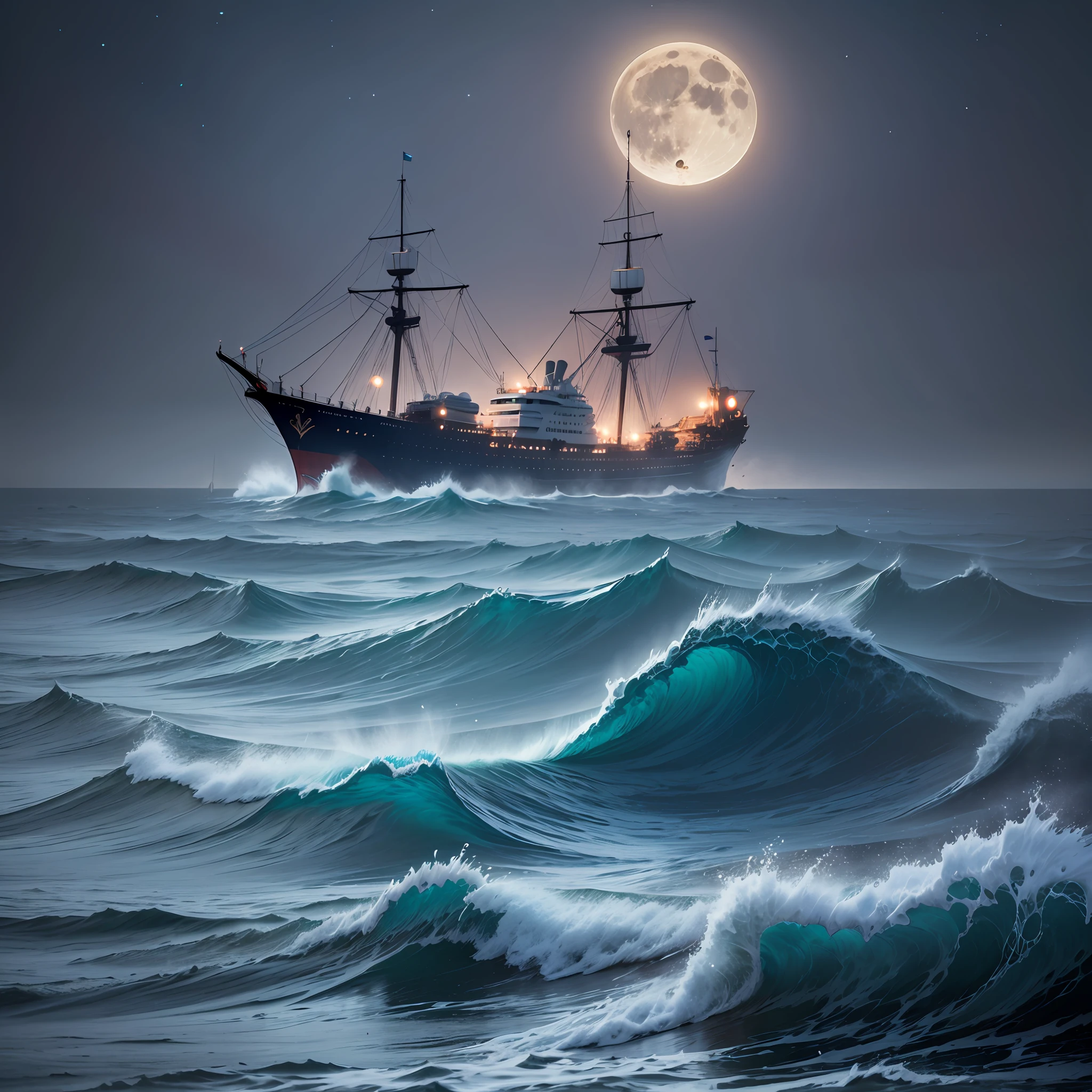 midnight full moon ship in rough sea with dense fog, angular details 35mm lens --auto --s2