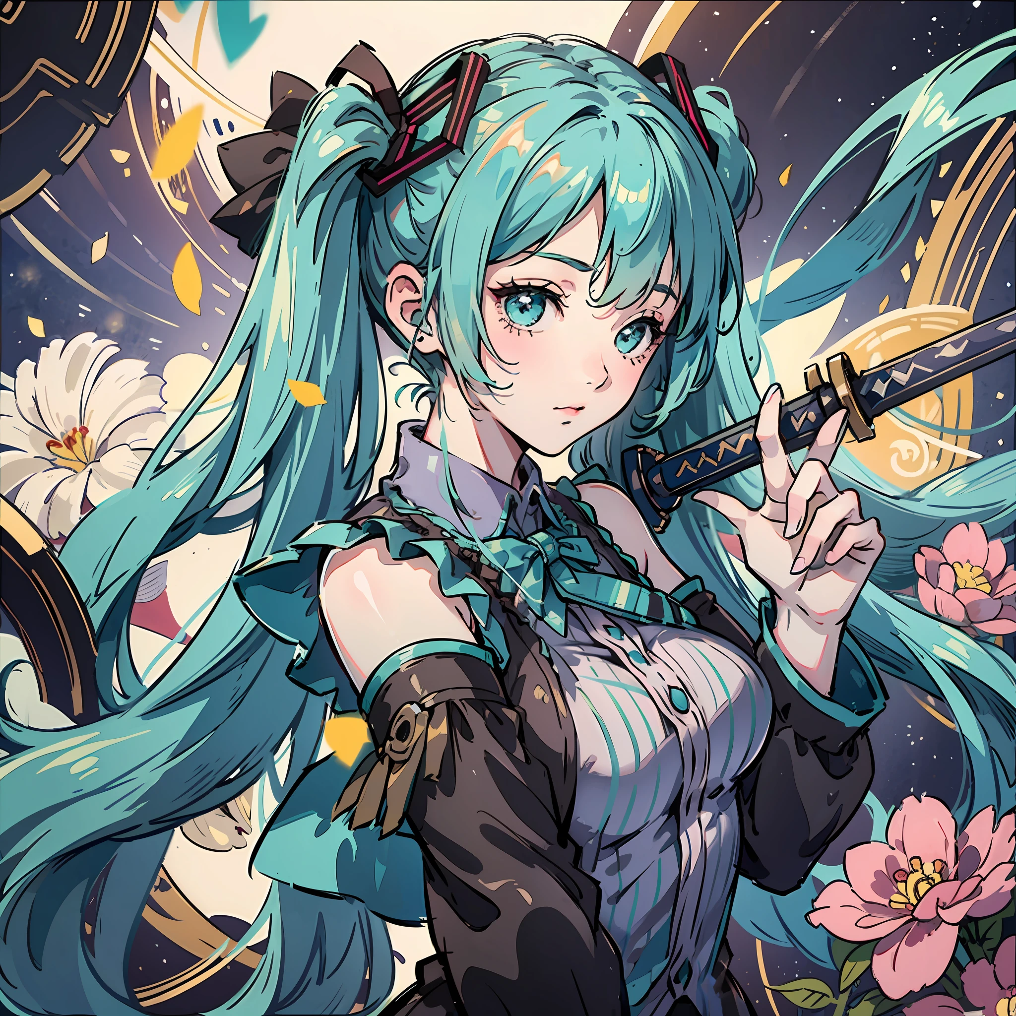 Hatsune Miku com um casaco azul marinho, blusa branca, cabelo curto, espada nas costas, flor vermelha no peito, alta qualidade, dark, castelo dark, steel sword