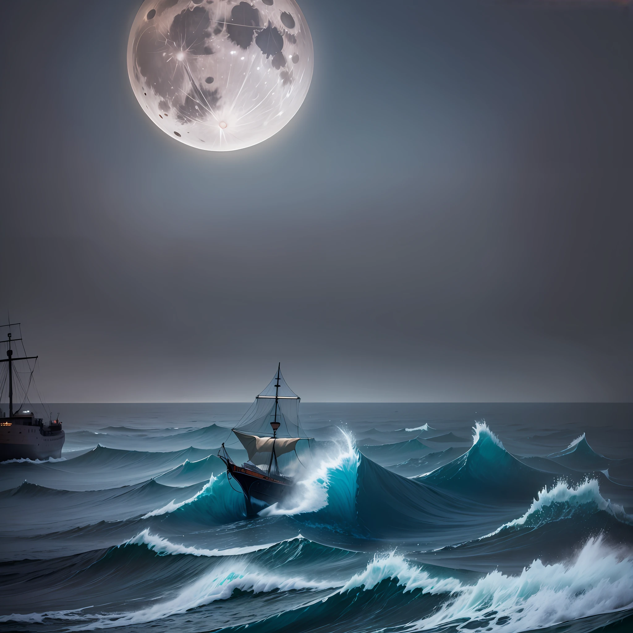 midnight full moon ship in rough sea with dense fog, angular details 35mm lens --auto --s2