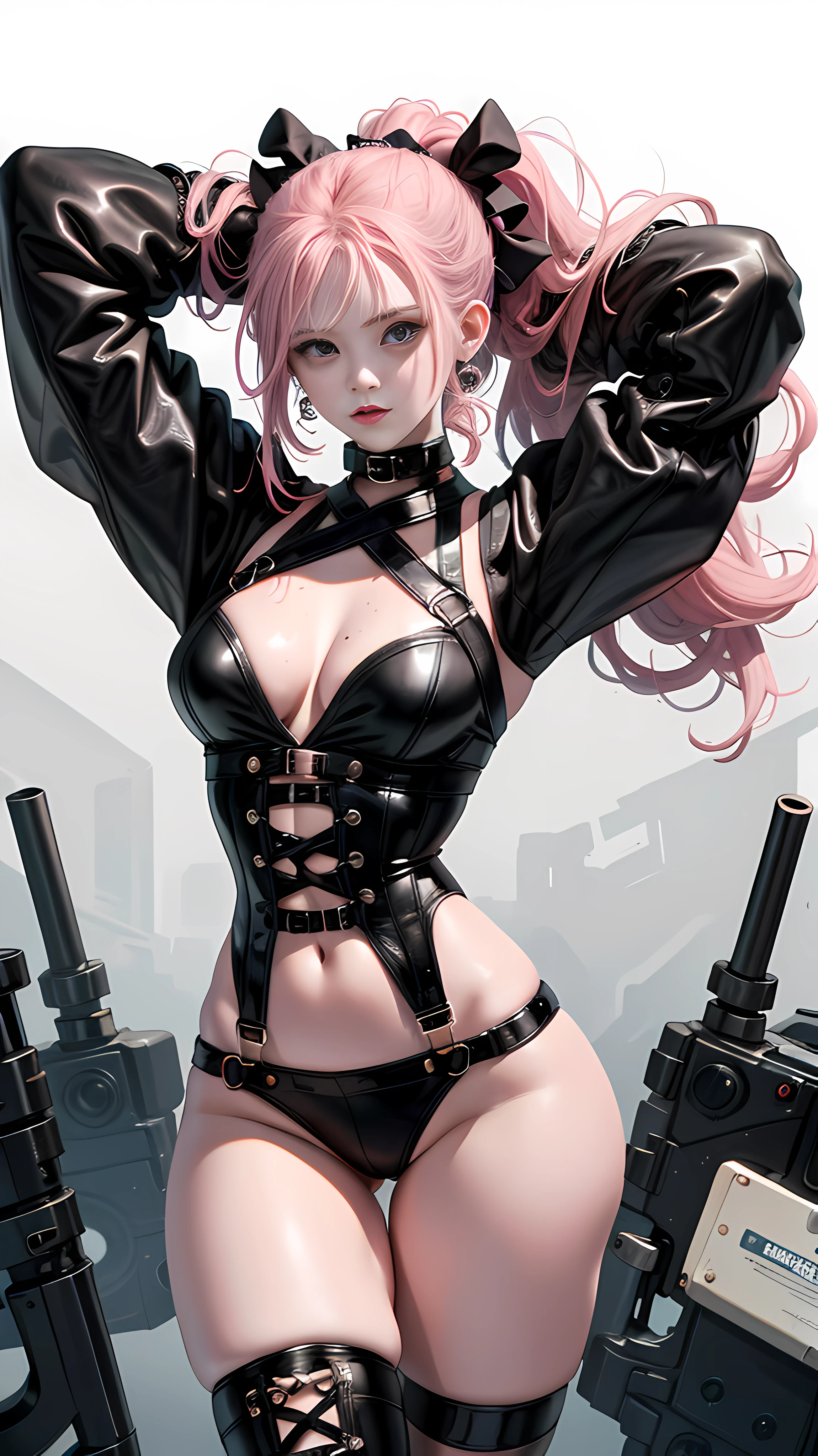 Girl, naughty girl, short clothes, sexy clothes, pink hair, small chest, heaving ass, thin legs, raised leg, seductive pose, sexy pose.