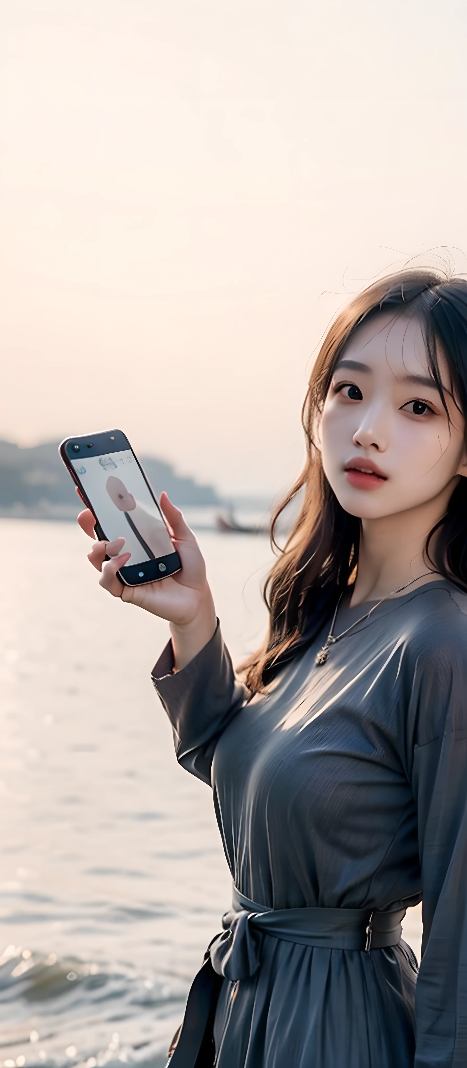 (best quality details:1.2),(lifelike:1.4),beautiful a woman,short Sleeves,T shir,cool tones,cellphone,depth offield,large aperture,beautiful and delicate face,