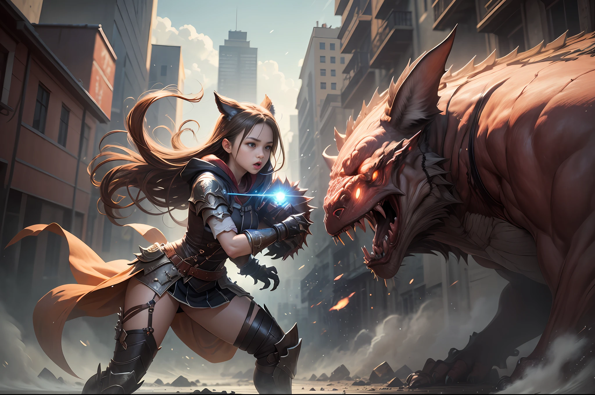 (masterpiece, top quality: 1.2), super detail, cinematic lighting, HDR, girl fighting monsters, slim full body, cute, ,