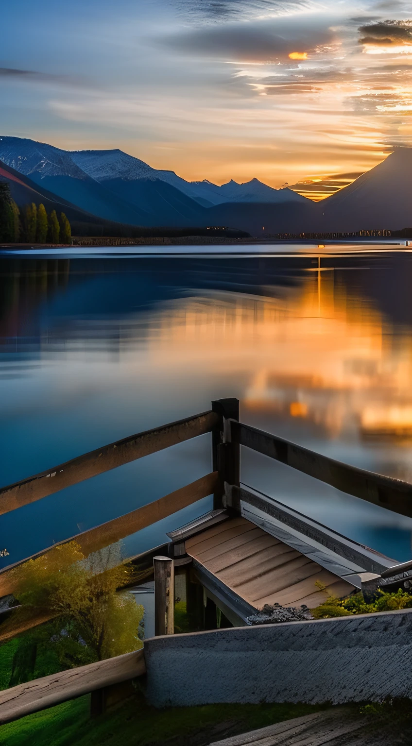 In the evening, the sunset shimmers on the surface of the bridge and lake. The mountains in the distance stand tall and the city lights up nearby. The gentle breeze brings a faint coolness, making people feel peaceful and beautiful. This is one of nature's most beautiful pictures, and it is very pleasant.