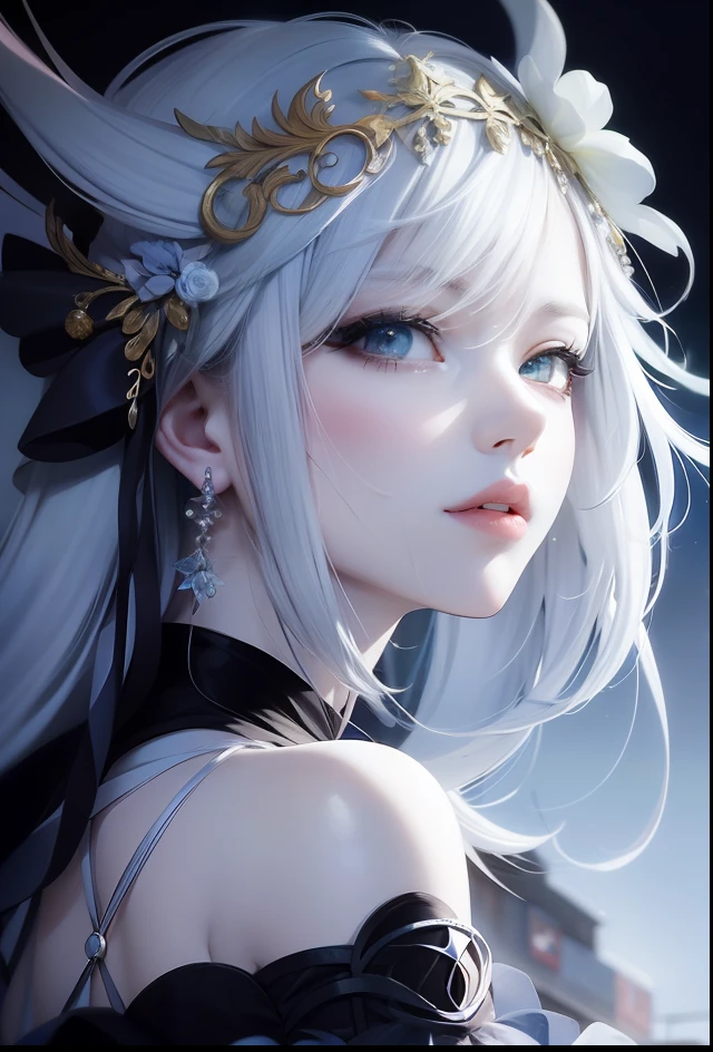 One has long white hair,Woman with a flower in her hair, stunning anime face portrait, a beautiful anime portrait, beautiful anime girls, beautiful anime woman, beautiful anime face, beautiful and seductive anime woman, beautiful fantasy anime, beautiful anime, beautiful anime style, portrait anime girl, white haired deity, White haired girl, perfect white haired girl, detailed portrait of anime girl