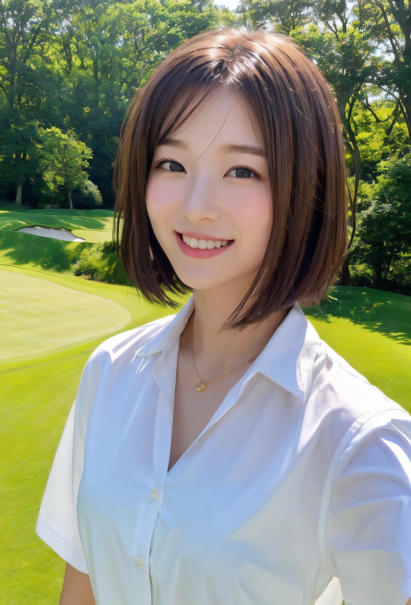 (MASTERPIECE:1.3), (8K, pfotorealistic, RAW Photography, highest quality: 1.4), Japan persons, (1女の子), face face、, (realstic face), (Dark brown hair, short haired:1.3), Beautiful Hairstyle, realistic eye, beautiful detail eyes, (realistic skin), Beautiful skin, irresistible, Ultra high Resolution, an ultra realistic, High Detail, the golden ratio, (Detal Face:1.2), watch the beholder,smileing,Open white shirt,midchest,Standing on a sunny golf course,hands On Hips