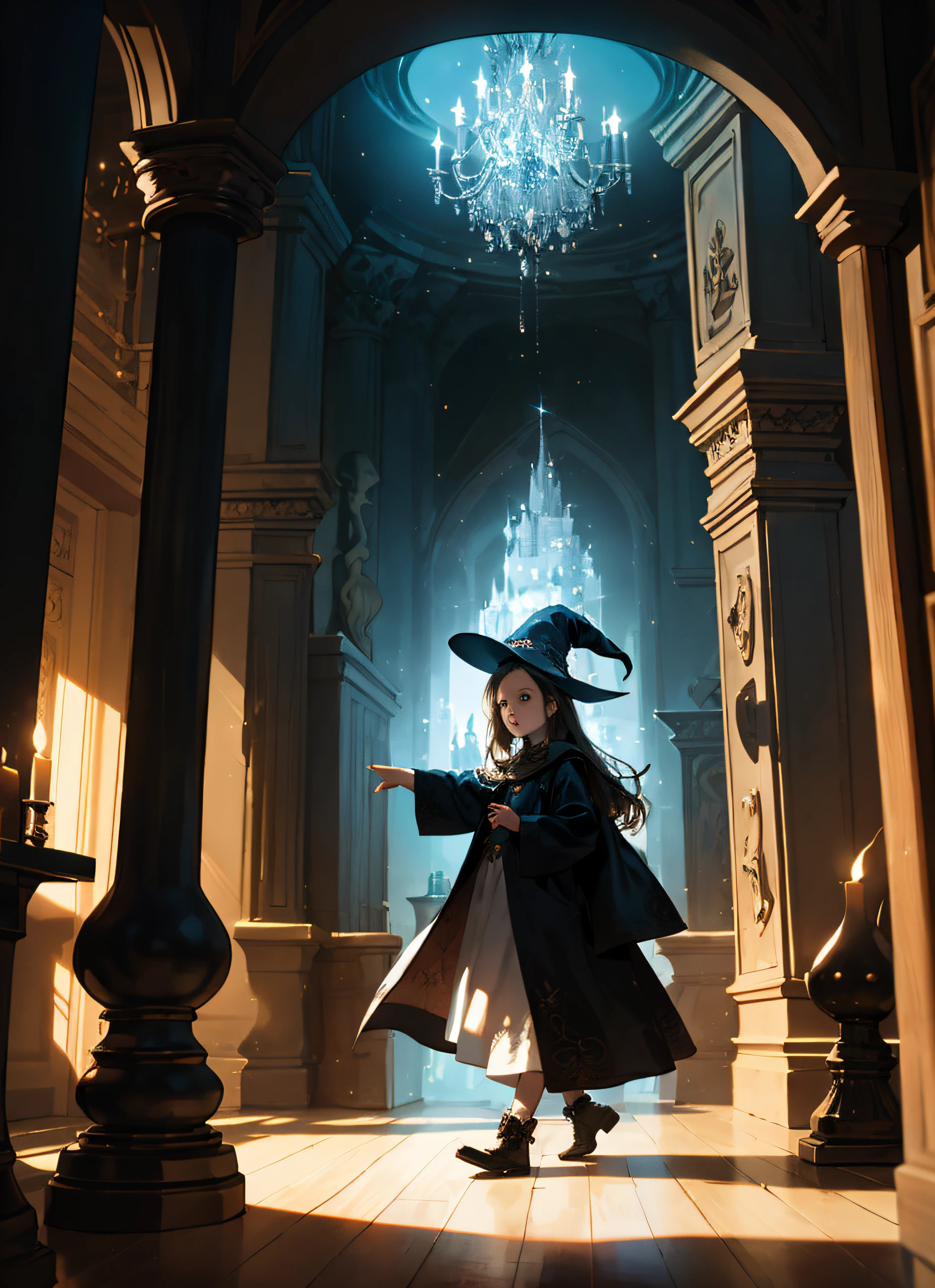 A little child dressed in a witch costume in an enchanting room filled with magic. The room is beautifully illuminated, with sparkling lights and mystical elements. The child's imagination runs wild as they explore the room, casting imaginary spells and embarking on magical adventures in their whimsical world.