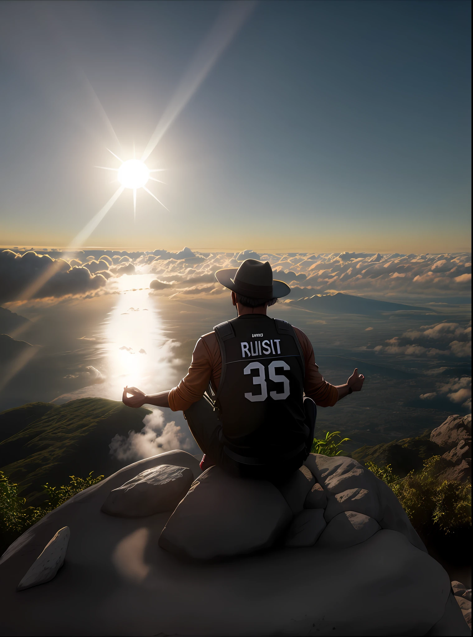 Homem religioso  budista orando para o sol em cima de uma pedra, realismo, ultra detalhado, hight resolution, paisagem
