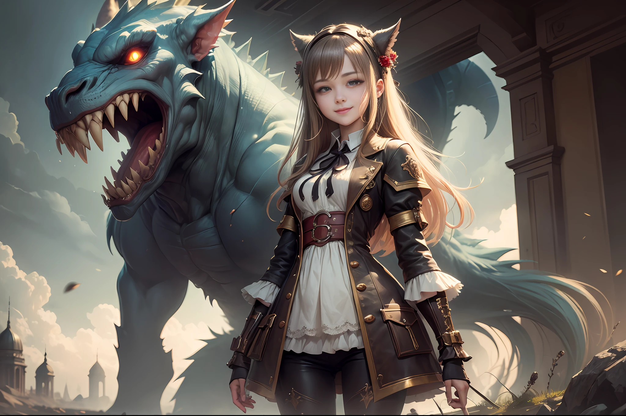 (masterpiece, top quality: 1.2), super detailed, cinematic lighting, HDR, girl feeding monster, slim full body, cute, smile, 18 years old,