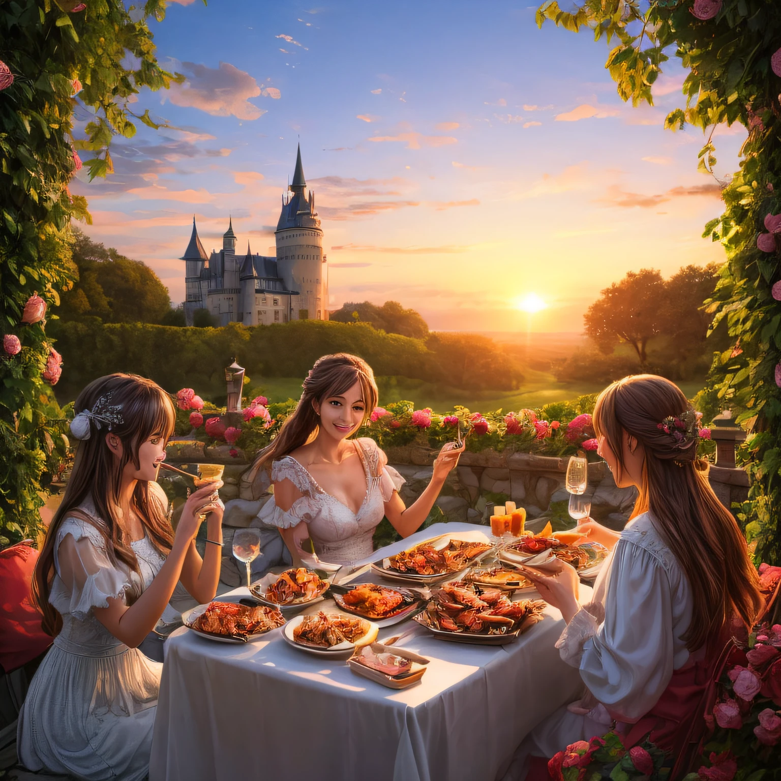 Beautiful maidens of the castle eating barbecue in the rose bushes in the sunset --auto