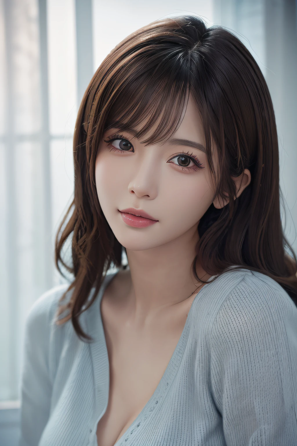(Masterpiece), (gorgeous young Korean girl), White V-neck sweater, Sexy exposure, Close-up of lower body, Use of photographic equipment such as Canon EOS 5D and Canon 5D MK4, Warm and soft light, (Plain beauty shines), Allafard Asian women photography subject, {{Mole under the eyes}}, (catches the eye),, UHD,( High quality), High resolution, (surreal), (Very detailed), ((Detailed V-shaped high cold face)), (Beautiful face), (High Detail Skin: 1.2), (Kpop idol), (realistic, photo-realistic: 1.4)