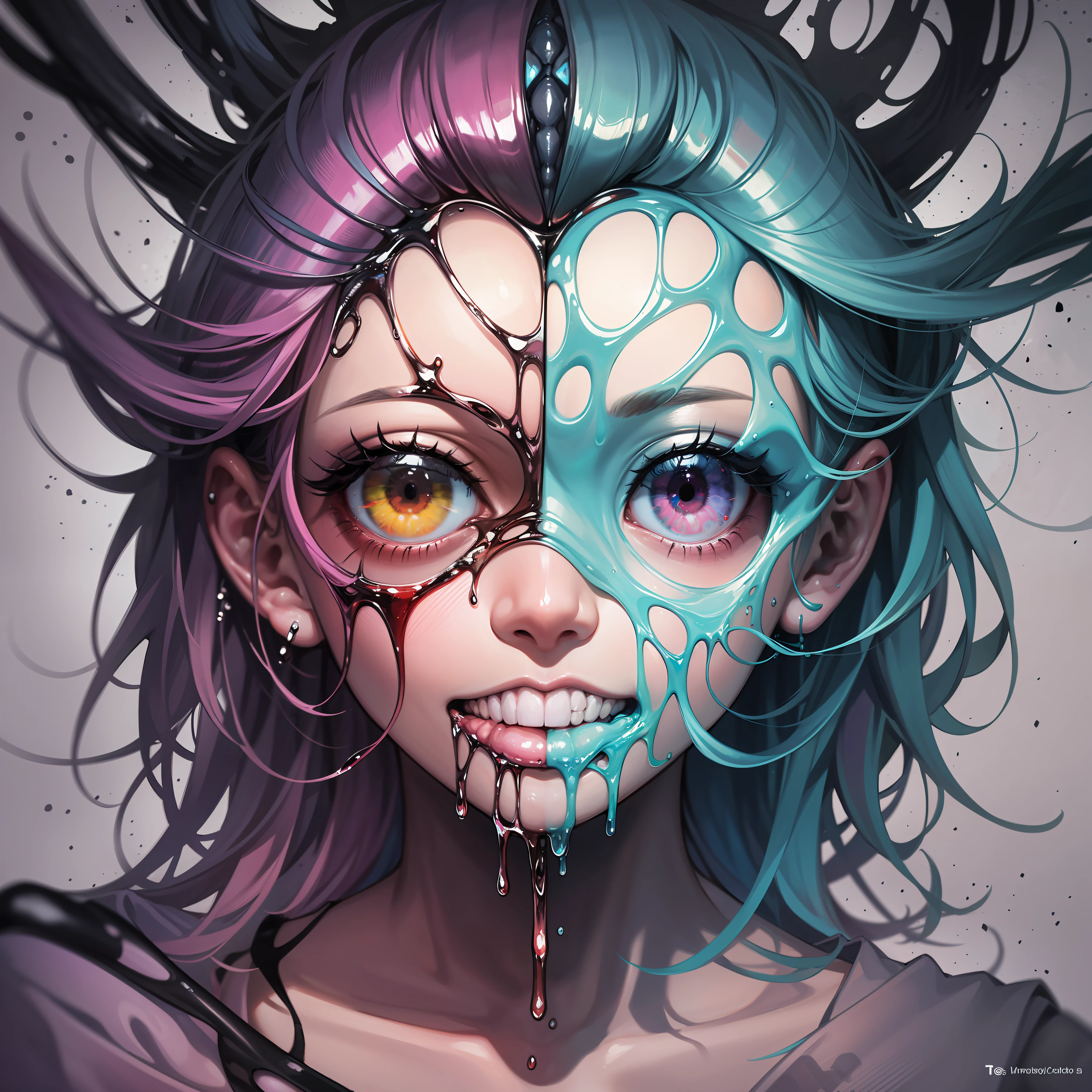 Anatomical brain dripping with colorful liquid, in the style of realistic hyper - detailed rendering, neon color palette, teethcore, layered gestures, sculpted, surrealistic horror painter, graffiti, t-shirt design