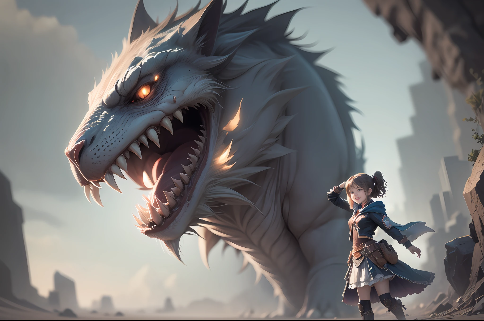 (masterpiece, top quality: 1.2), super detailed, cinematic lighting, HDR, girl playing with monsters, slim full body, cute, smile, 15 years old,