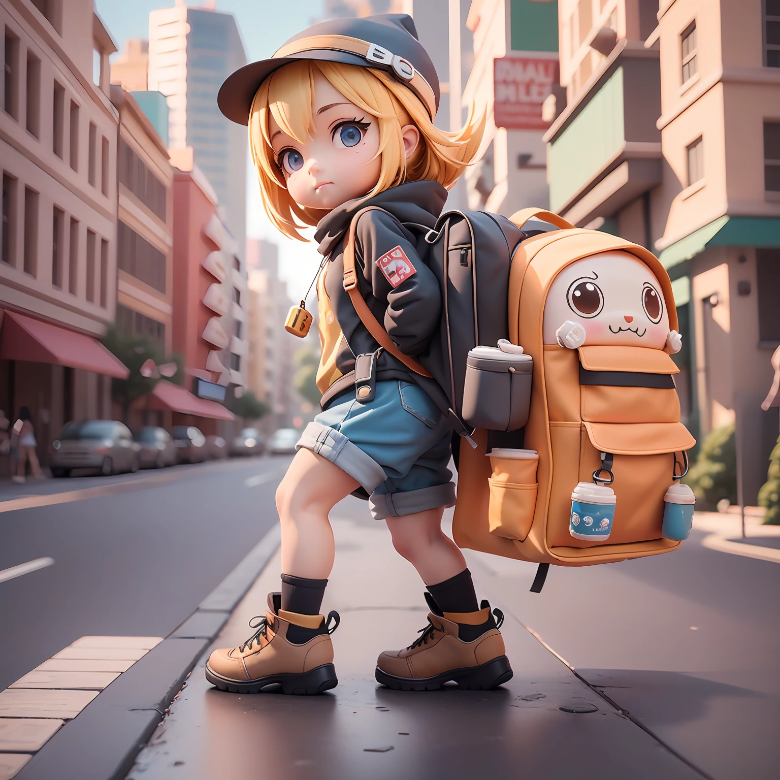 best picture quality, 8k, monopoly，a cute  girl，elemenyes，carrying a bag，Anime character，（front Face|Lateral face|back facing）3D，C4D，