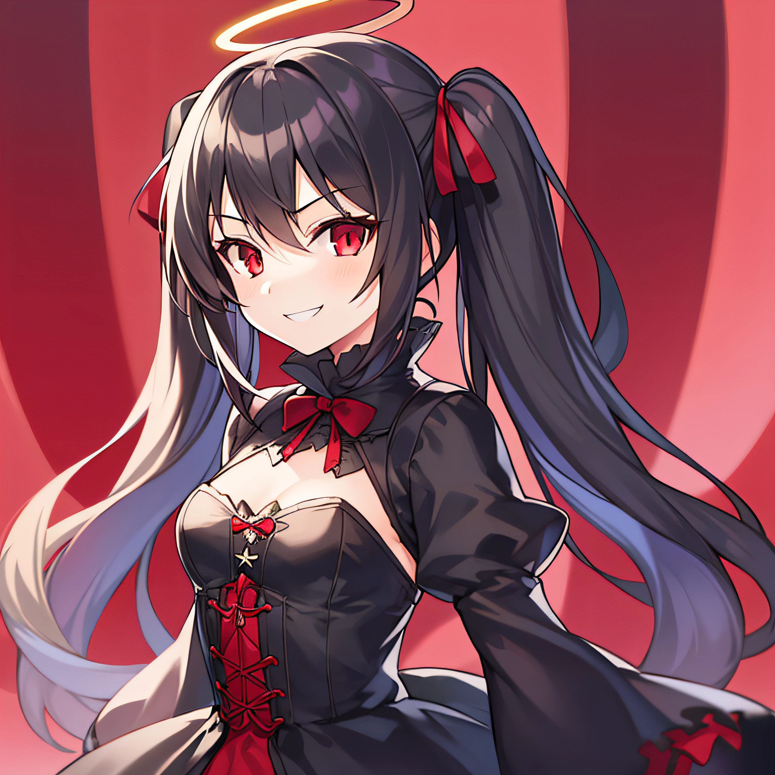 1girl, solo, red background, black hair, twintails, red eyes, black dress, loli, evil smile, halo, gothic lolita, detailed light, detailed outfit, ultra detailed, small breasts,