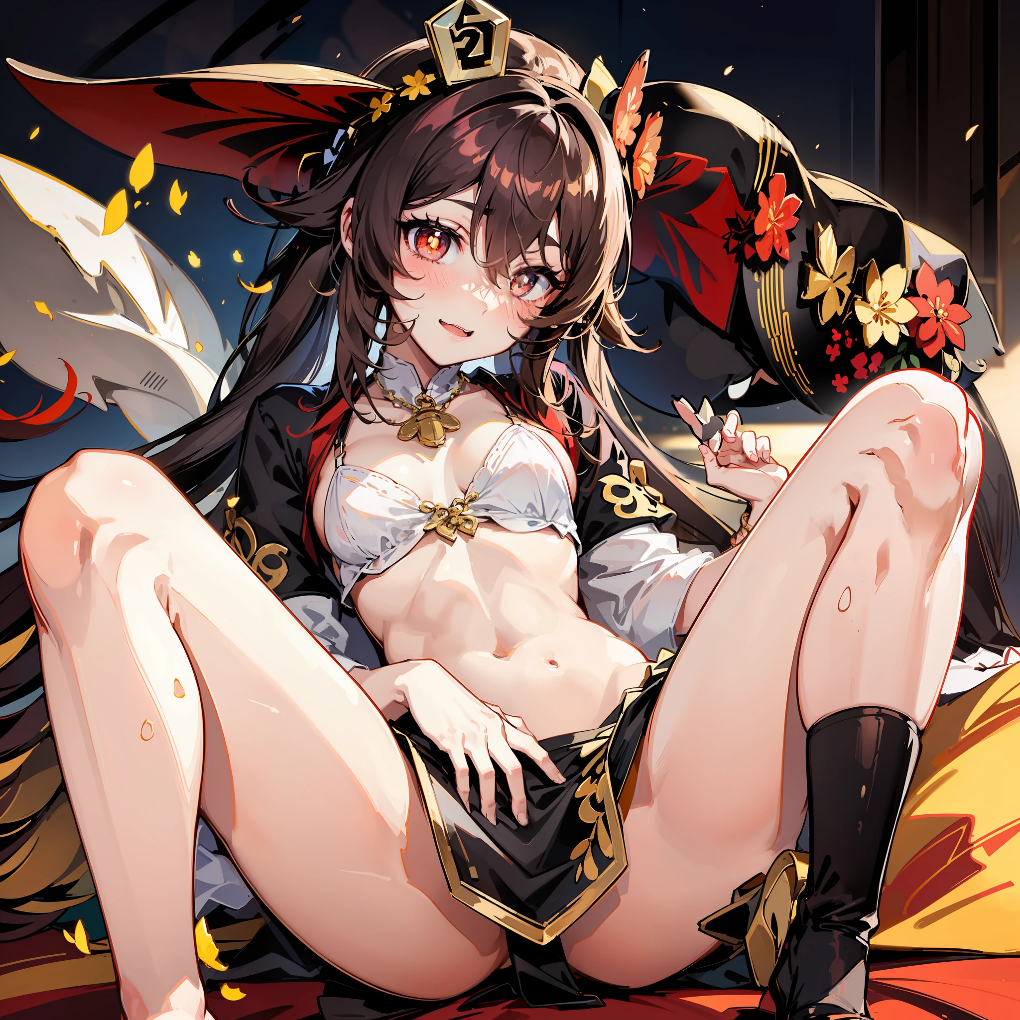 sexy, loli, girl, brown high ponytail, lying down, legs exposed, full chest exposed, chest a little bigger, calf under thighs, feet not exposed, five fingers, blushing, high resolution, big eyes, small mouth, melon seed face, two-dimensional anime, two legs, two arms, white face, red pupils