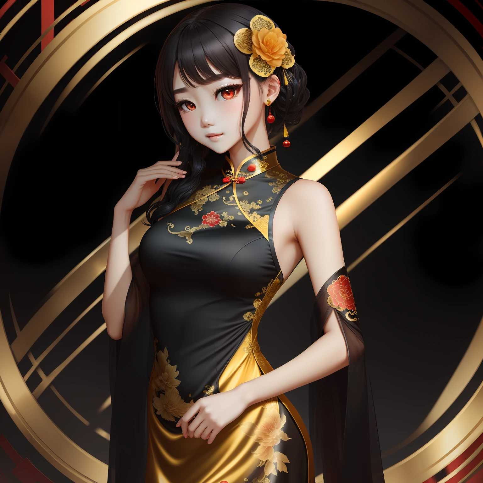 ,Golden cheongsam,black color hair,Pan head,red eyes,Plump body,Delicate facial features, --auto