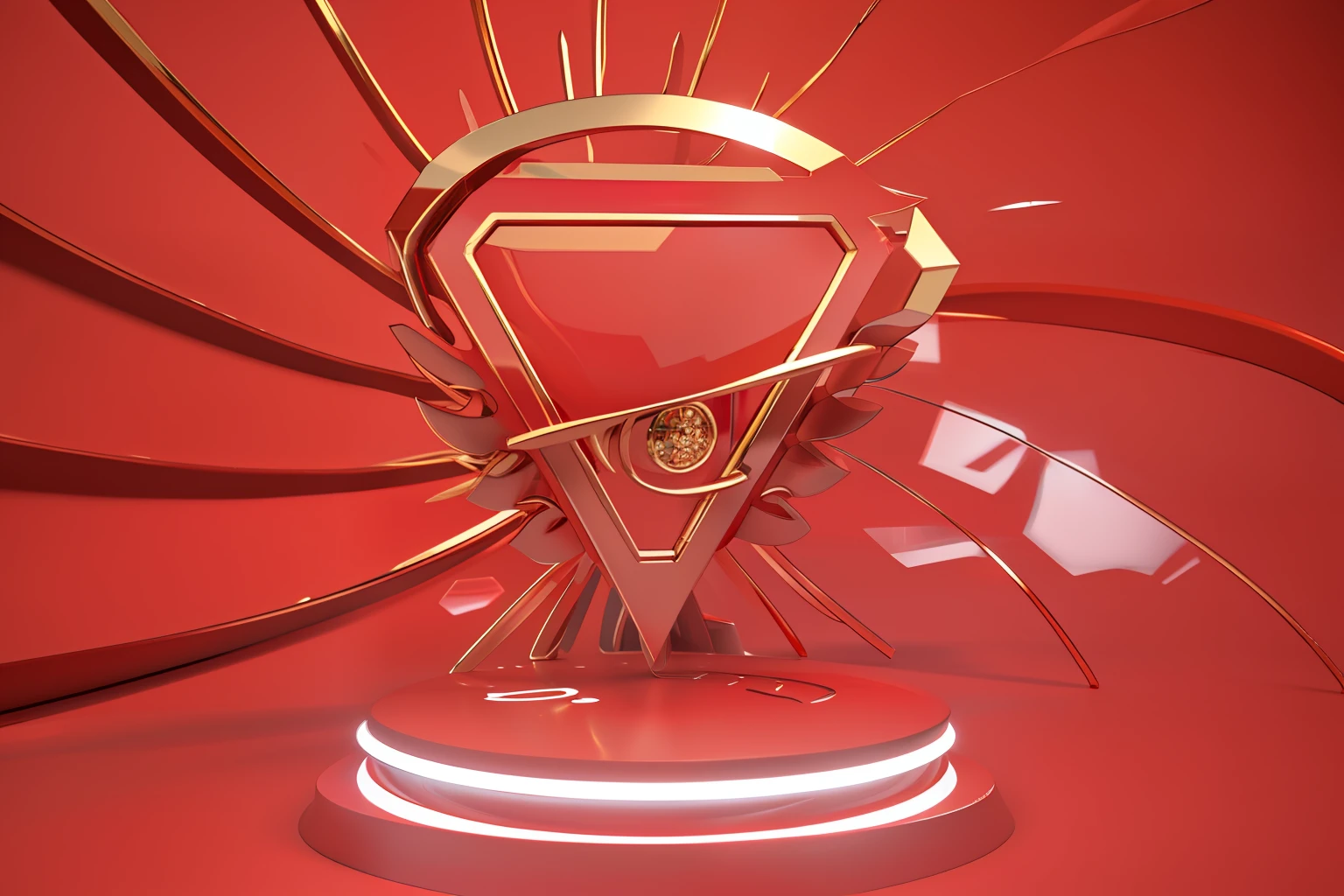 There is a red and gold display，There is a triangle on it, volume lighting. red, scarlet background, red shift render, red color theme, red realistic 3 d render, red color theme, red background, red and cinematic lighting, gold and red metal, on a red background, ( ( 3 d render ) ), ( ( ( ( 3 d render ) ) ) )