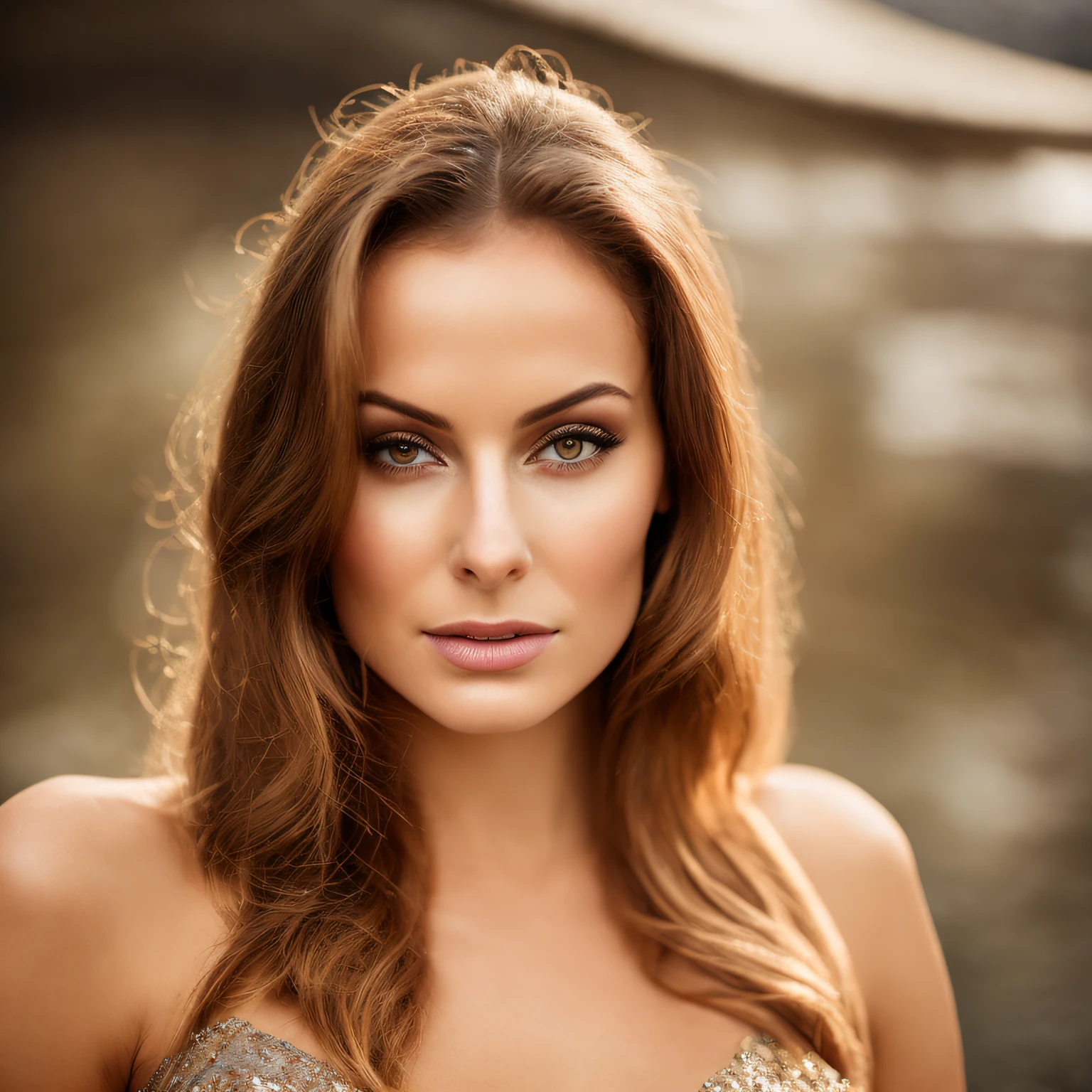 Close-up portrait of a young sexy Ukrainian woman in revealing fit and flared skirt, in spa, symmetrical face, outdoor lighting, contemplative atmosphere, keen eye