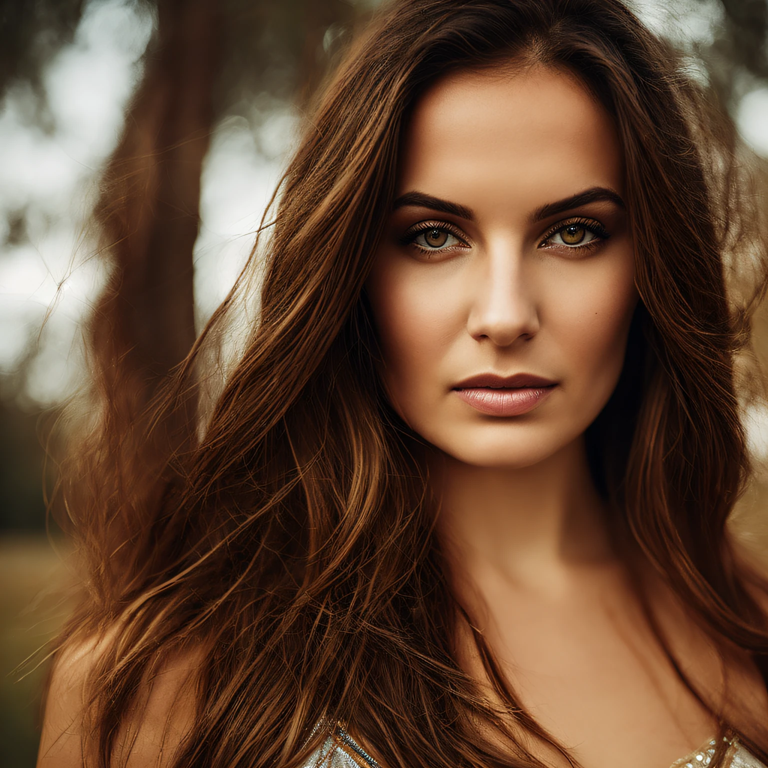 Close-up portrait of a young sexy Ukrainian woman in revealing fit and flared skirt, in spa, symmetrical face, outdoor lighting, contemplative atmosphere, keen eye