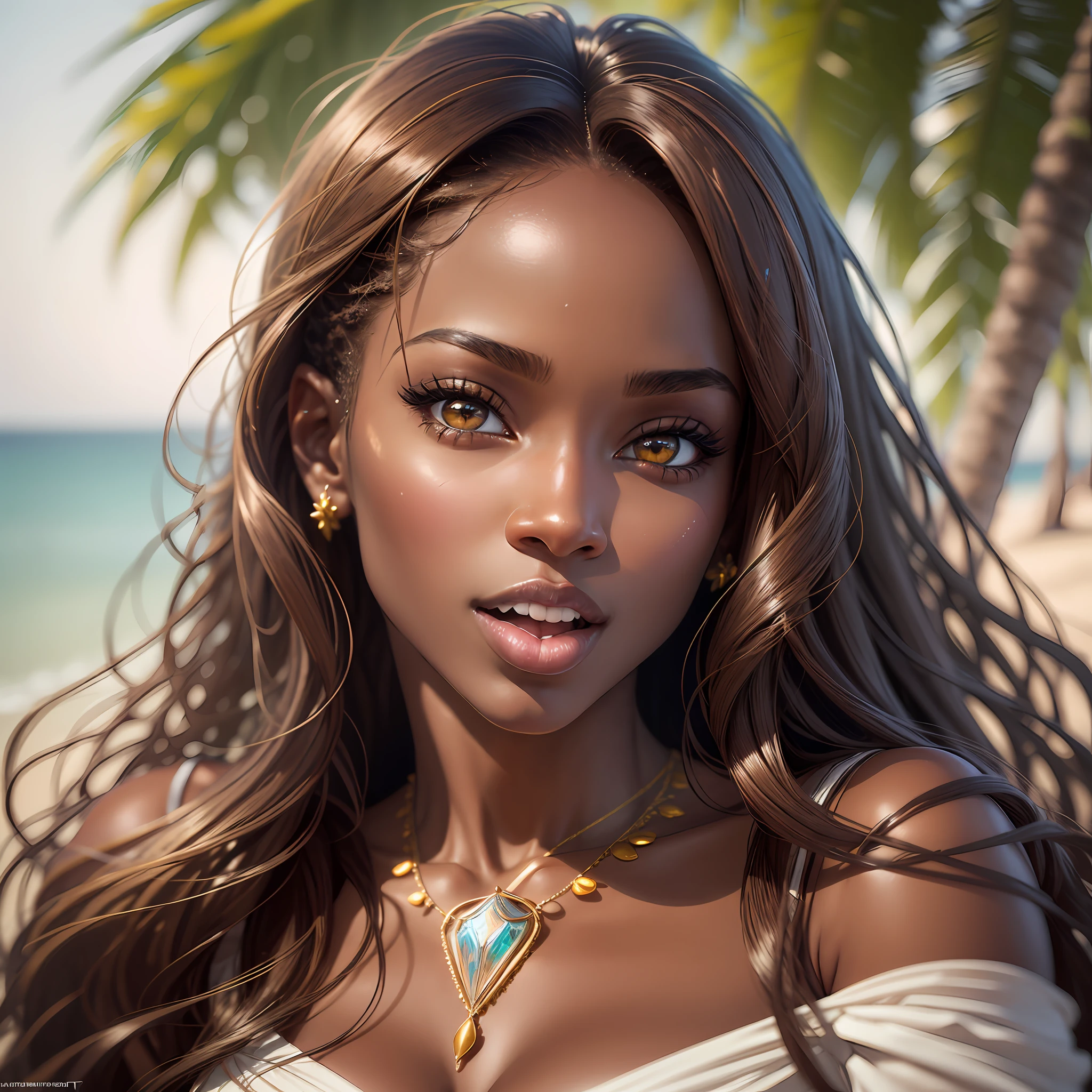 Cinematic soft lighting illuminates a stunningly detailed and ultra-realistic beautiful Nigerian supermodel, beach look, long messy windy brown hair, clear honey eyes, captivating perfect smile, sensual, hot woman, gorgeous, that is trending on ArtStation. Octane is the perfect tool to capture the softest details of this 16k photography masterpiece. Mouth open tongue --auto --s2