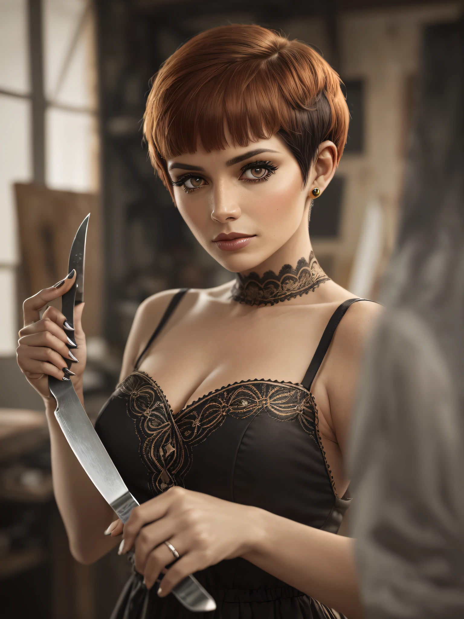 In a wide shot, we see a [beautiful mexican woman] in her thirties in her workshop, portraying the enigmatic character of a serial killer. She holds a knife defensively, her expression filled with anger, her head slightly tilted. short (red honey) hair, (((pixie cut))), devil_smile, honey eyes, tan skin. Her attire reflects the reconstruction era, complete with a vintage dress. The woman’s eyes are accentuated with a striking black cat eyeliner makeup. high contrast, crooked smile, style Gustav Klimt, damaged photo, hasselblad, film grain, sharp focus, high dof, otherworldly lighting, subsurface scattering, f2, 35mm, bokeh, blur,