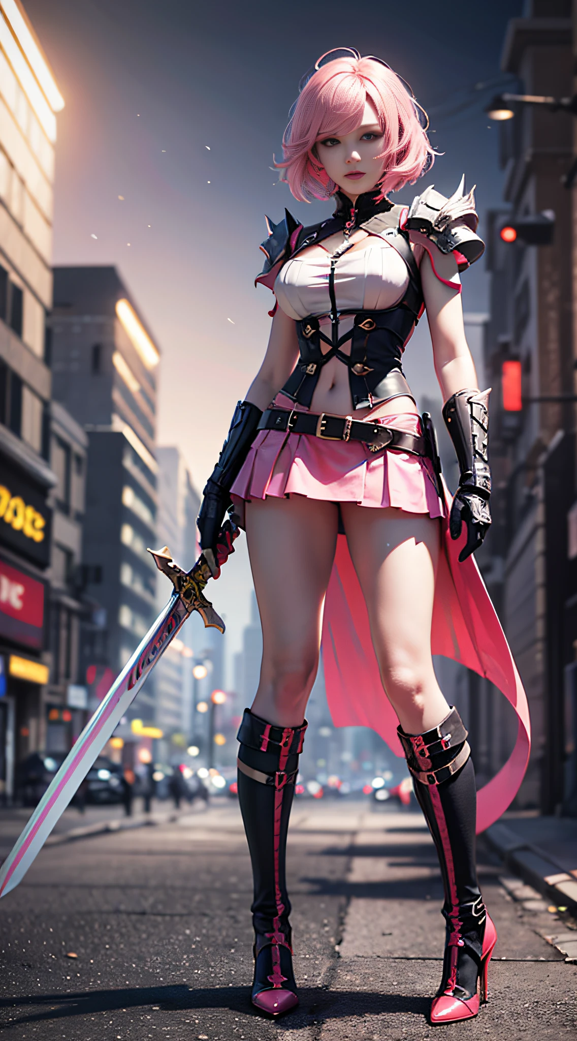 (Masterpiece), (Best Quality), Realism, Cinematic Light, Cool Pose, Battlefield Background, Perfect Figure, White Eyes, Short Pink Hair, Full Body, Long Legs, Pink Miniskirt, High Heels, Pink Longsword in Hand