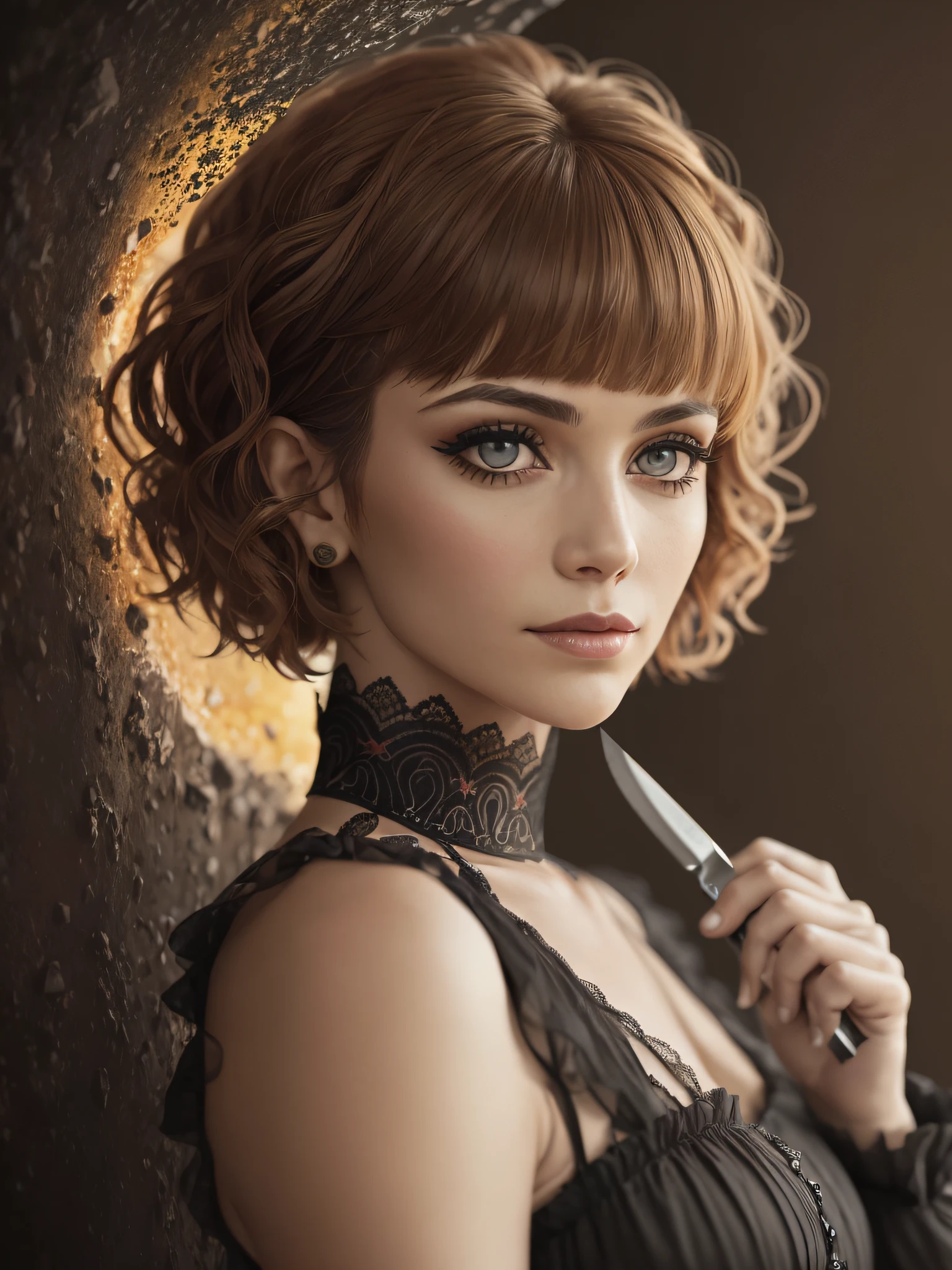 In a wide shot, we see a [beautiful mexican woman] in her thirties in her workshop, portraying the enigmatic character of a serial killer. She holds a knife defensively, her expression filled with anger, her head slightly tilted. short (red honey) hair, (((pixie cut))), devil_smile, honey eyes, tan skin. Her attire reflects the reconstruction era, complete with a vintage dress. The woman’s eyes are accentuated with a striking black cat eyeliner makeup. high contrast, crooked smile, style Gustav Klimt, damaged photo, hasselblad, film grain, sharp focus, high dof, otherworldly lighting, subsurface scattering, f2, 35mm, bokeh, blur,