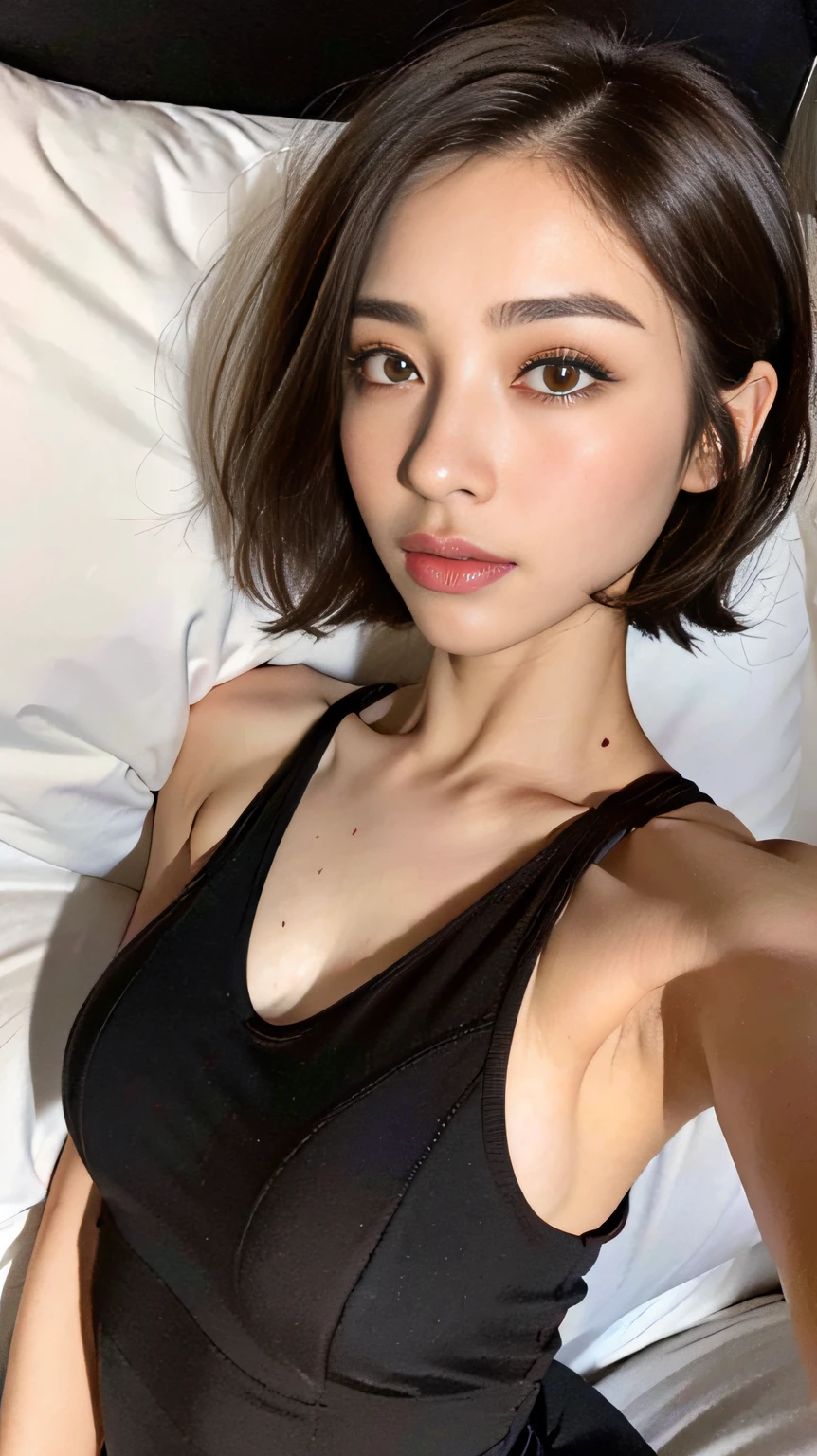 ((Night view, realistic light, best quality, 8k, masterpiece: 1.3)), 1girl, pretty woman with slim figure: 1.4, (brown hair, medium breasts: 1.3), off-the-shoulder cut top: 1.3, sofa, super detailed face, detailed eyes, double eyelids