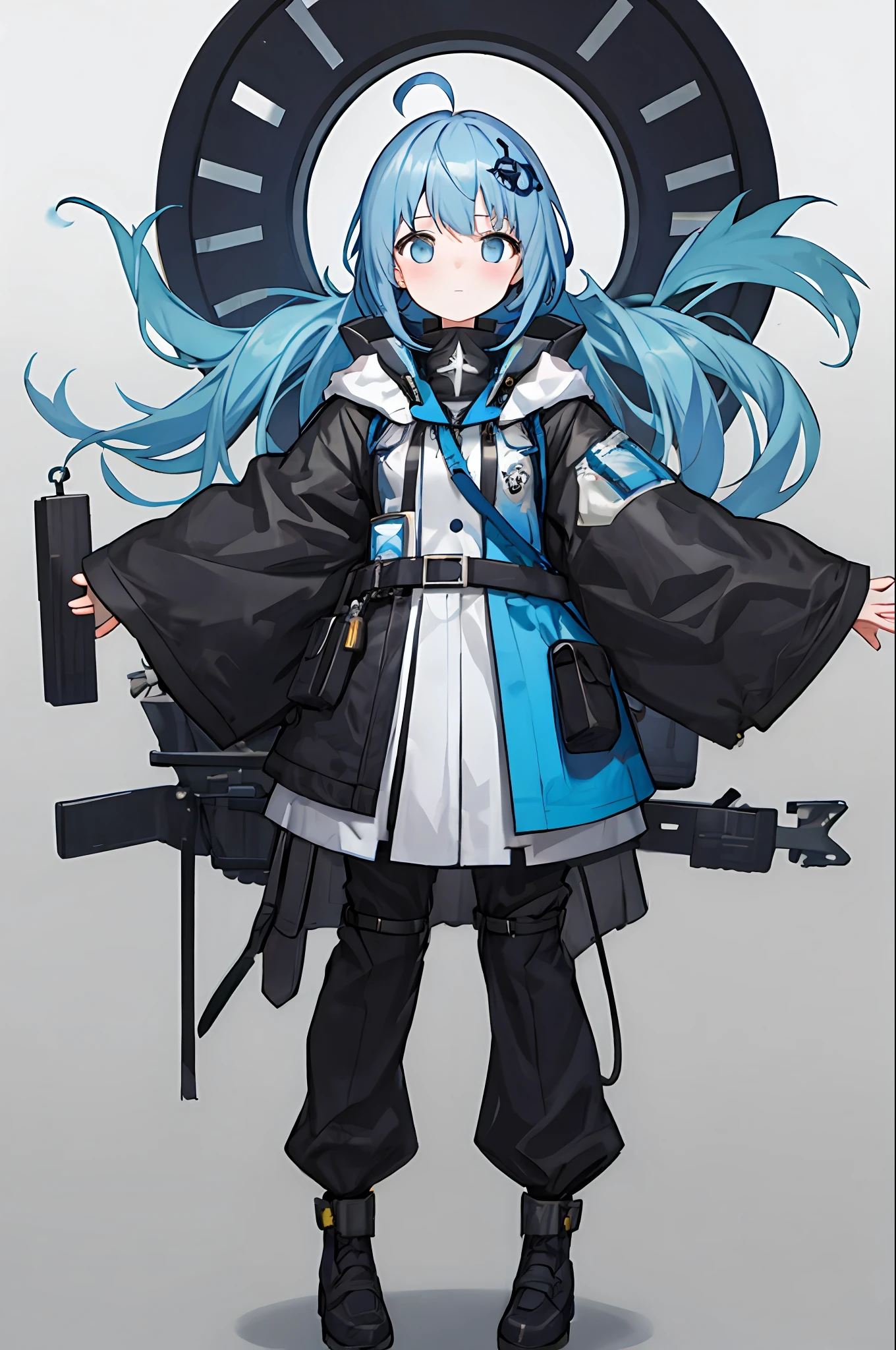 masterpiece,high zuality, a girl, bluegray hair,bangs,hair,ornament,ahoge,complex cloth,arms at sides,[upright],virtual youtuber,[[blush]],concept art, solo,1girl,cowboy shot,full body,looking at biewer,white background,simple background